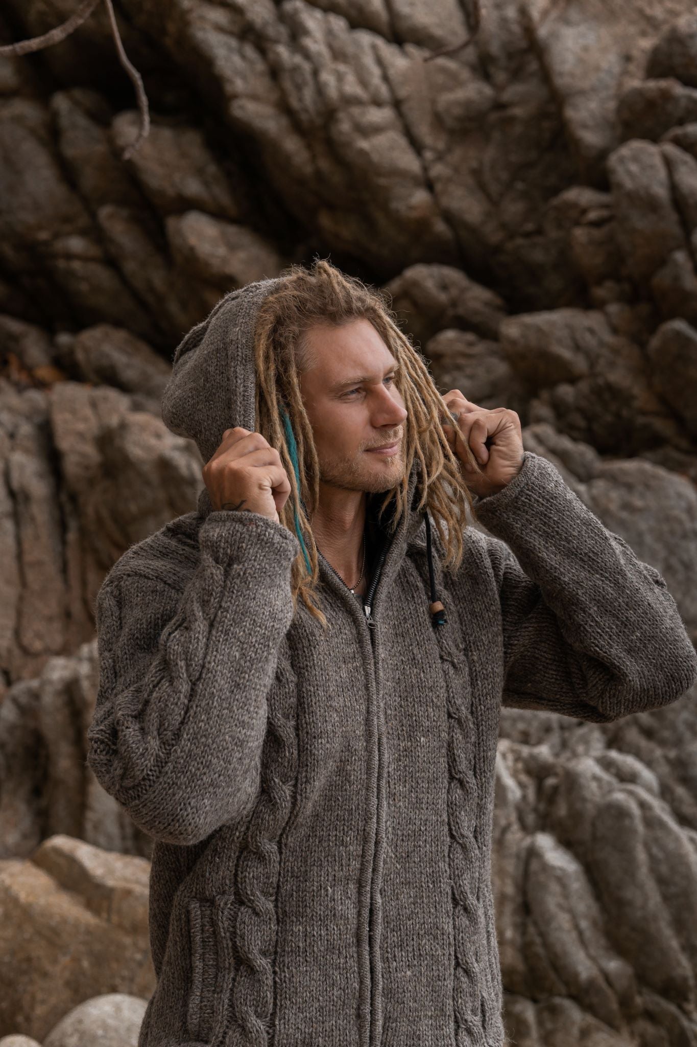 Wool Jacket - Cable Knit Aran - Light Brown