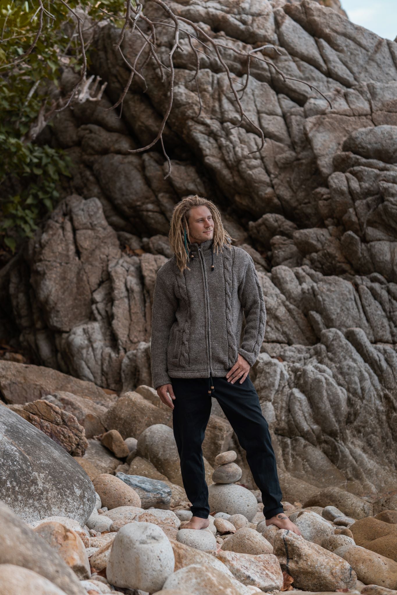 Wool Jacket - Cable Knit Aran - Light Brown