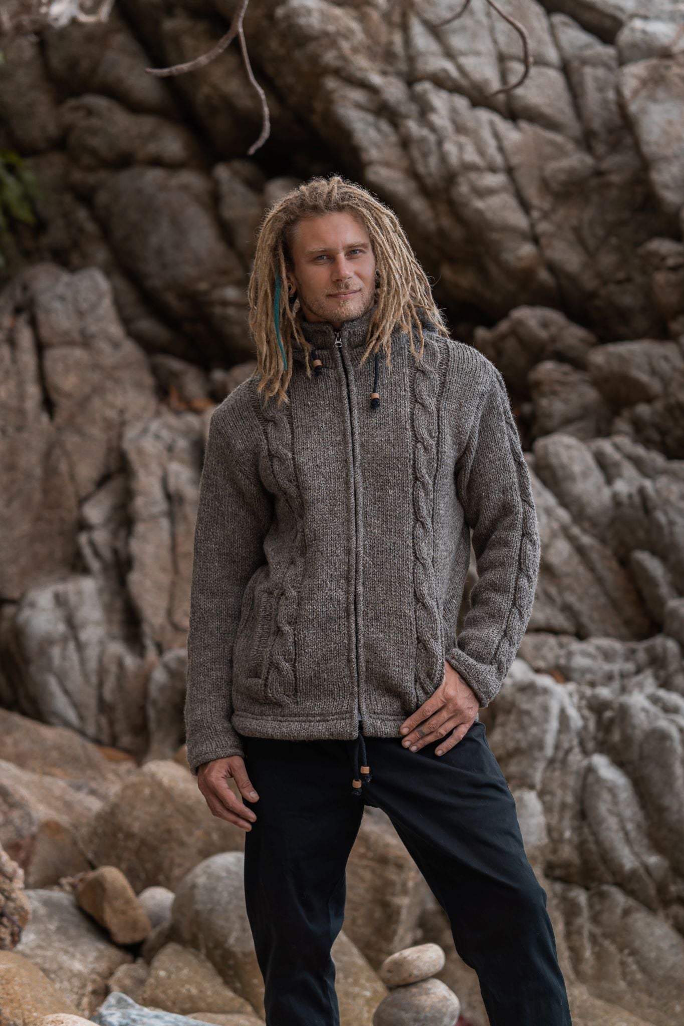 Wool Jacket - Cable Knit Aran - Light Brown