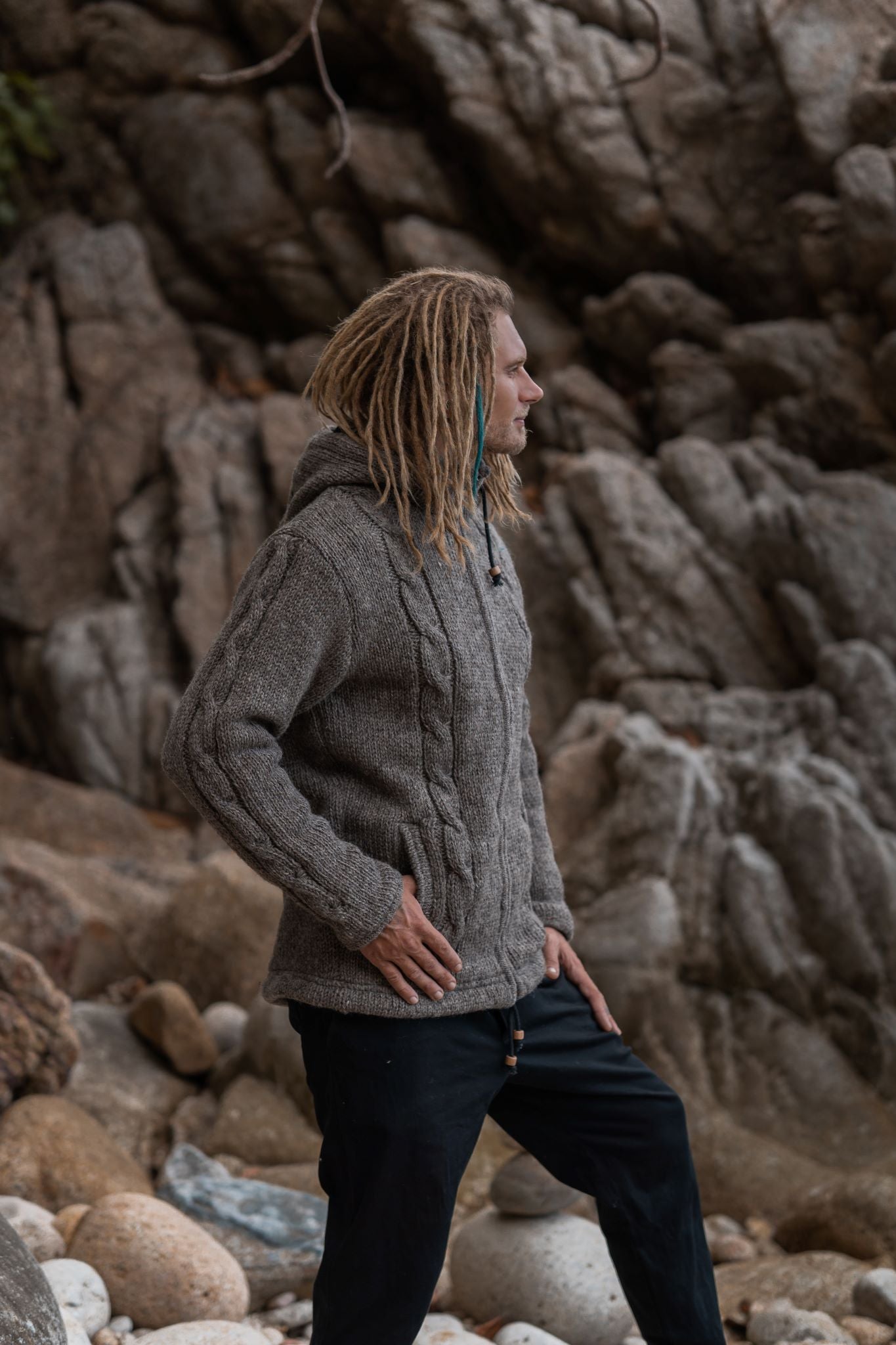 Wool Jacket - Cable Knit Aran - Light Brown