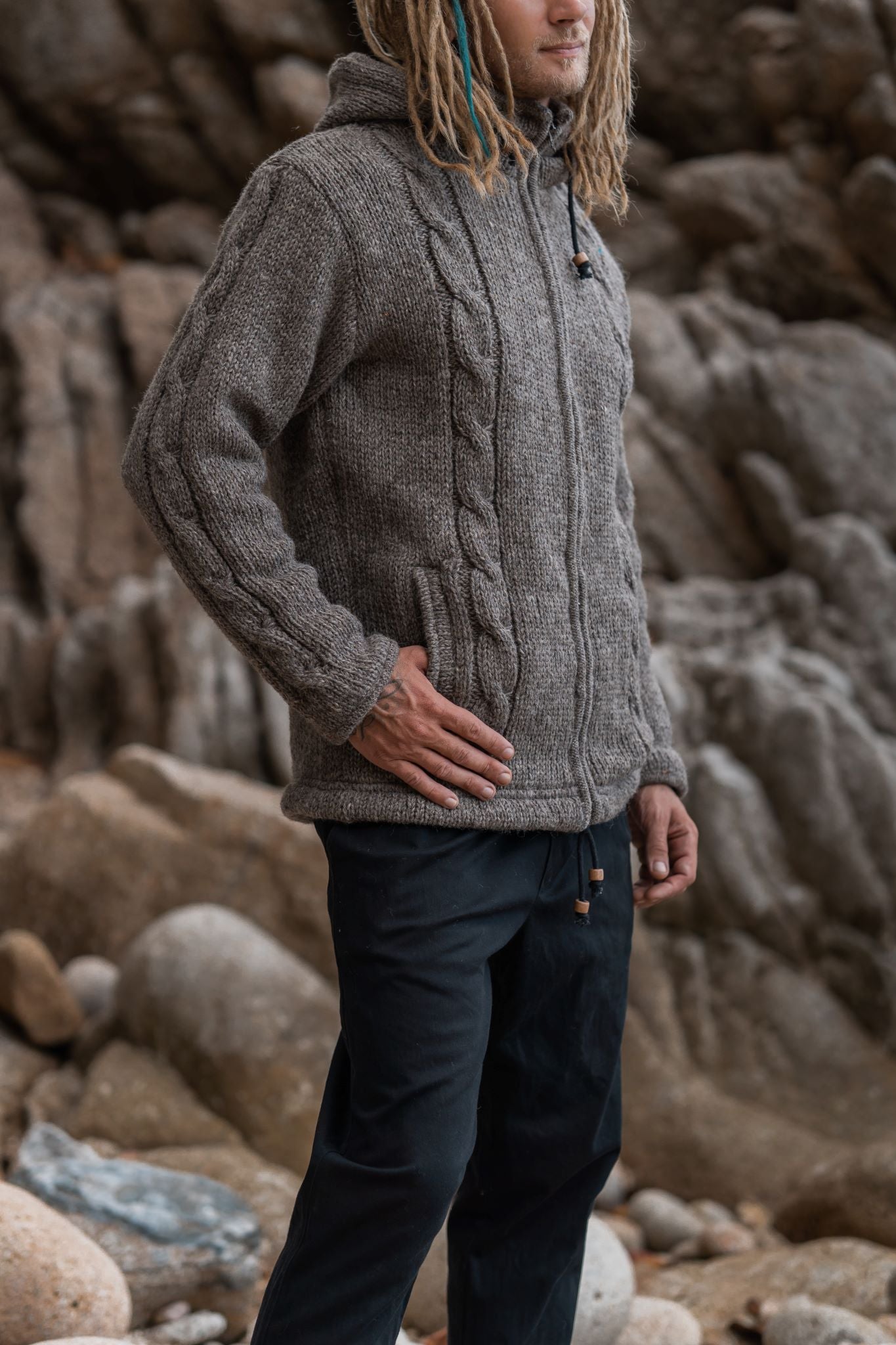 Wool Jacket - Cable Knit Aran - Light Brown