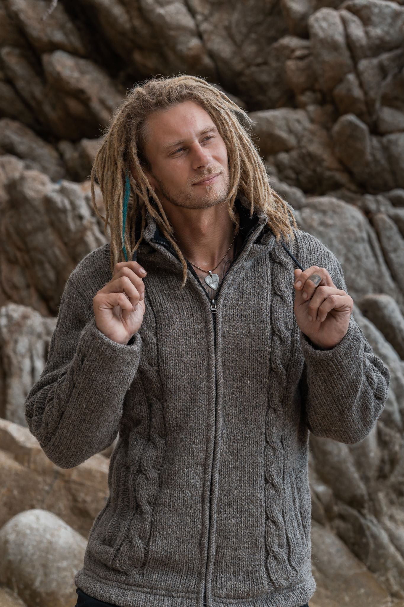 Wool Jacket - Cable Knit Aran - Light Brown