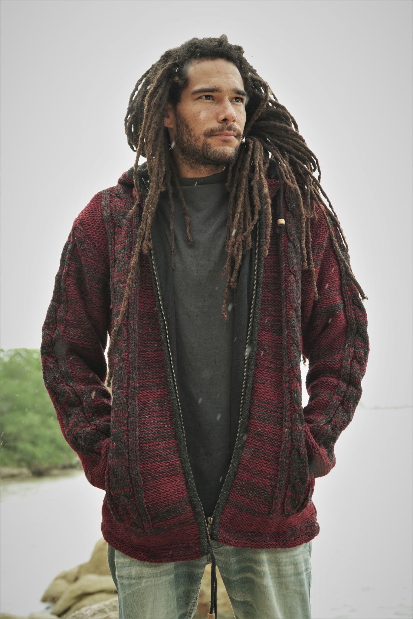 Wool Jacket - Cable Knit Aran - Maroon