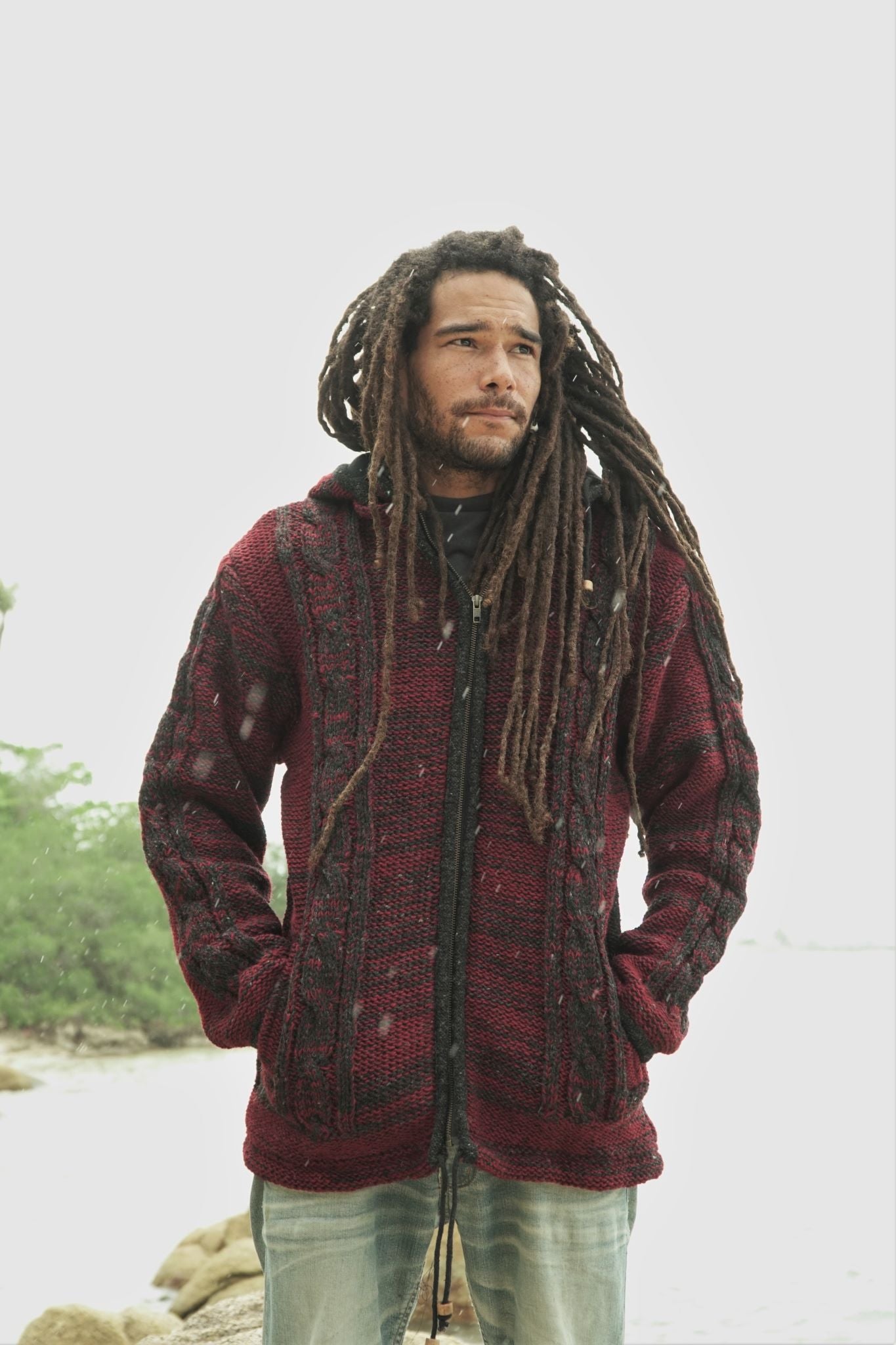 Wool Jacket - Cable Knit Aran - Maroon