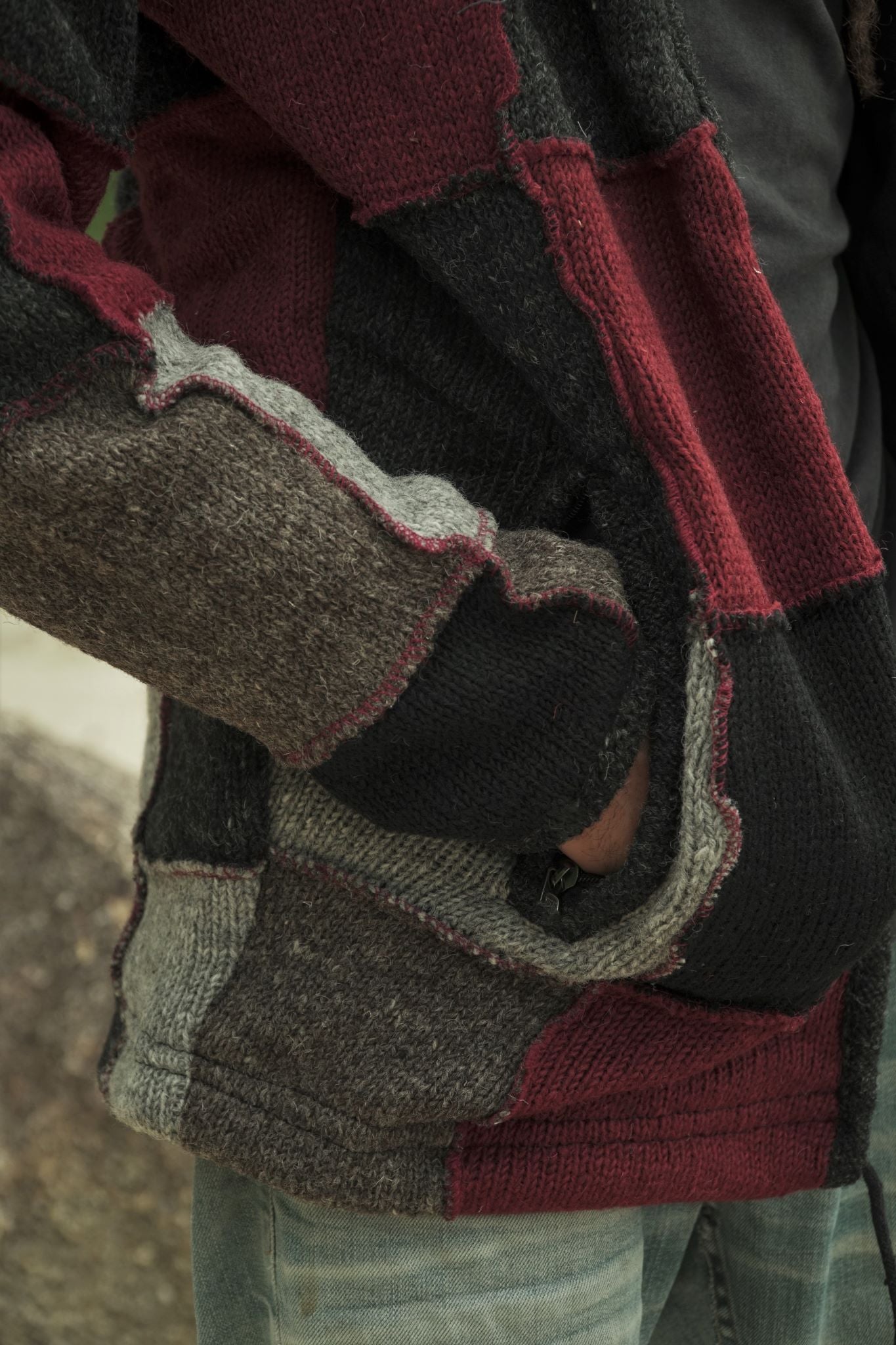 Wool Jacket - Patchwork - Grey/Maroon