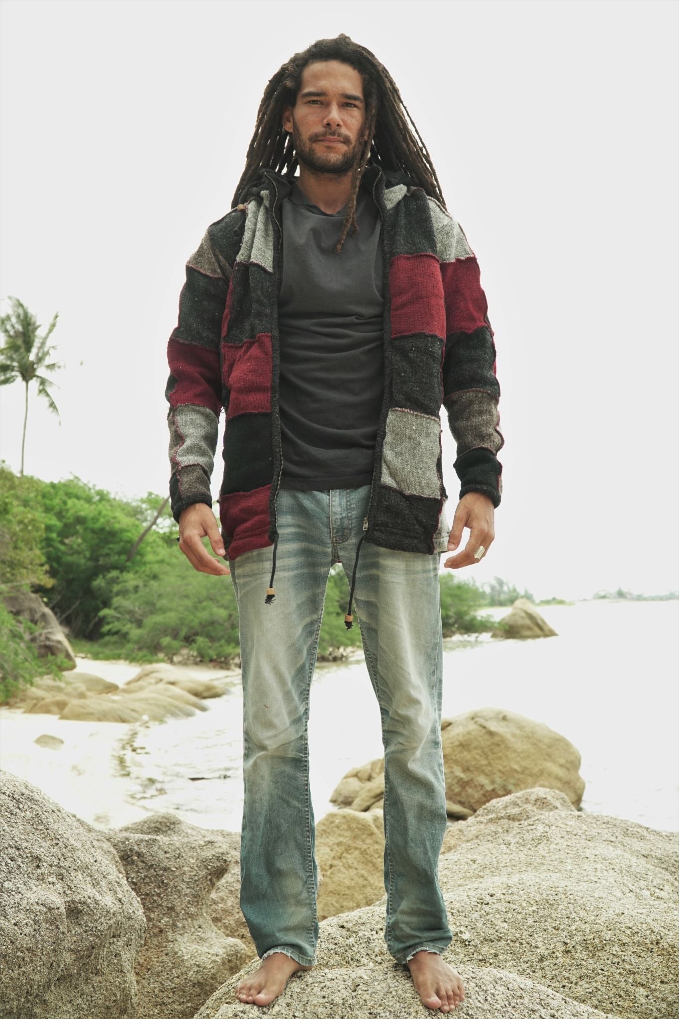 Wool Jacket - Patchwork - Grey/Maroon