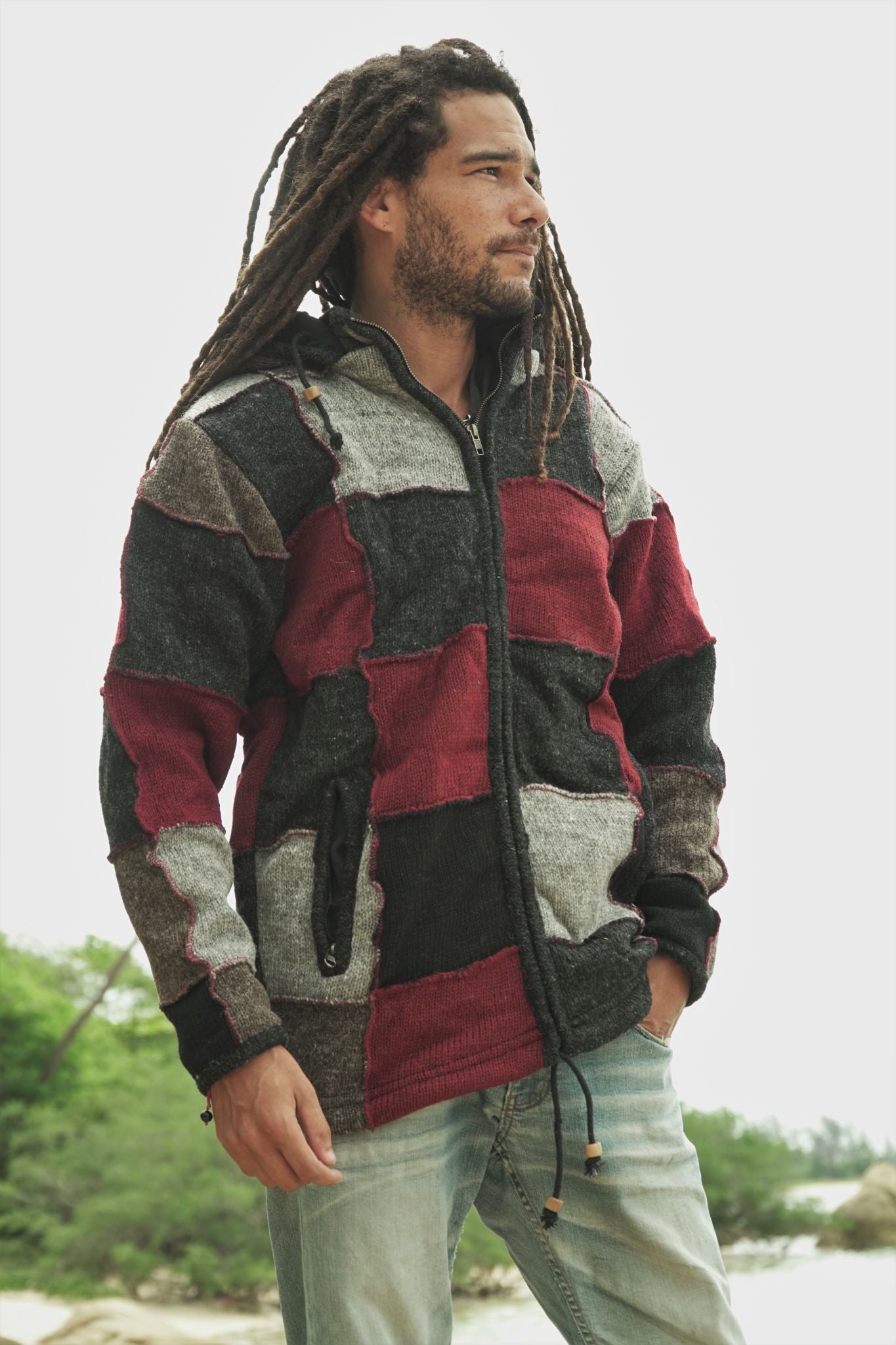 Wool Jacket - Patchwork - Grey/Maroon