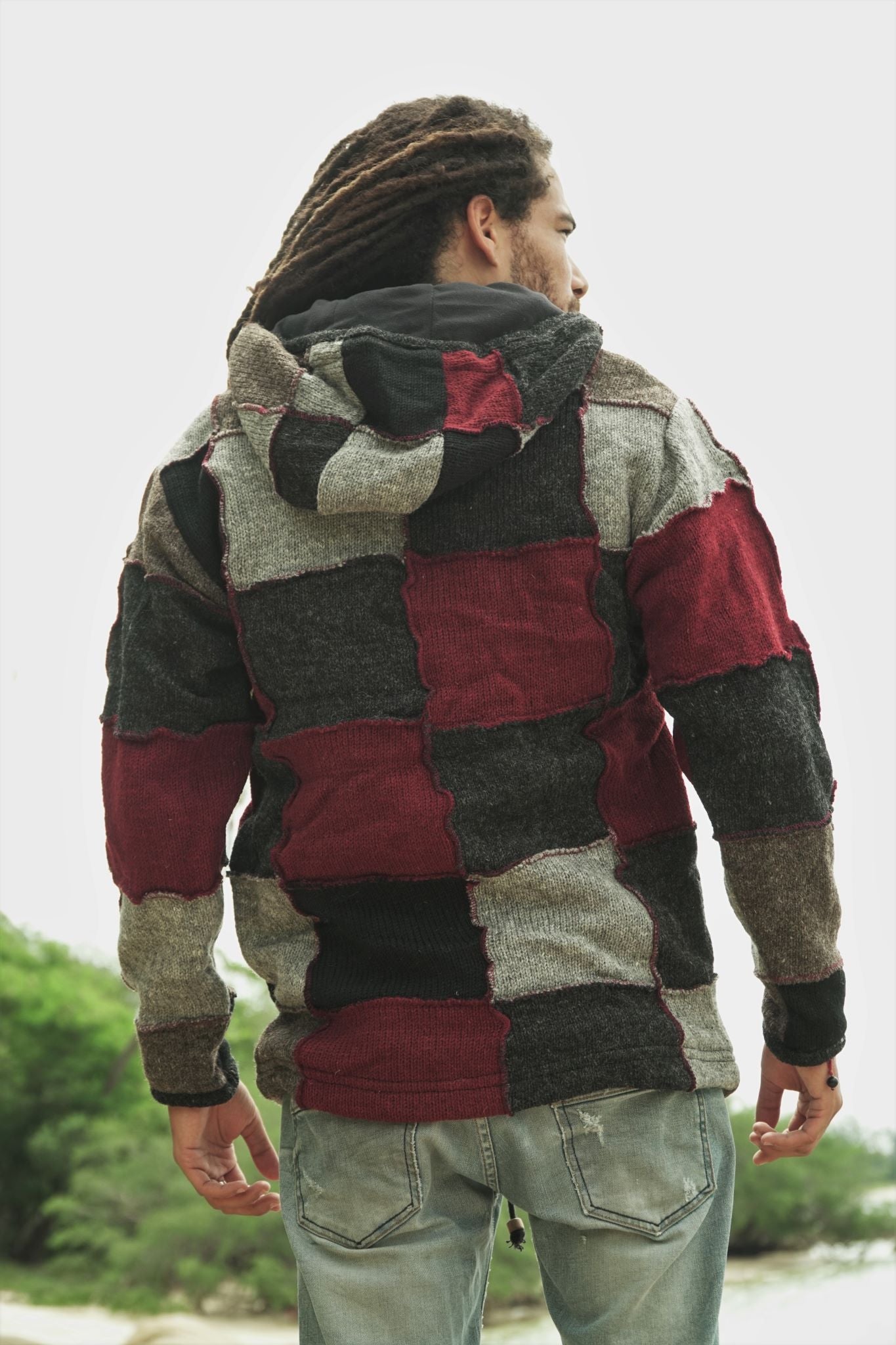 Wool Jacket - Patchwork - Grey/Maroon