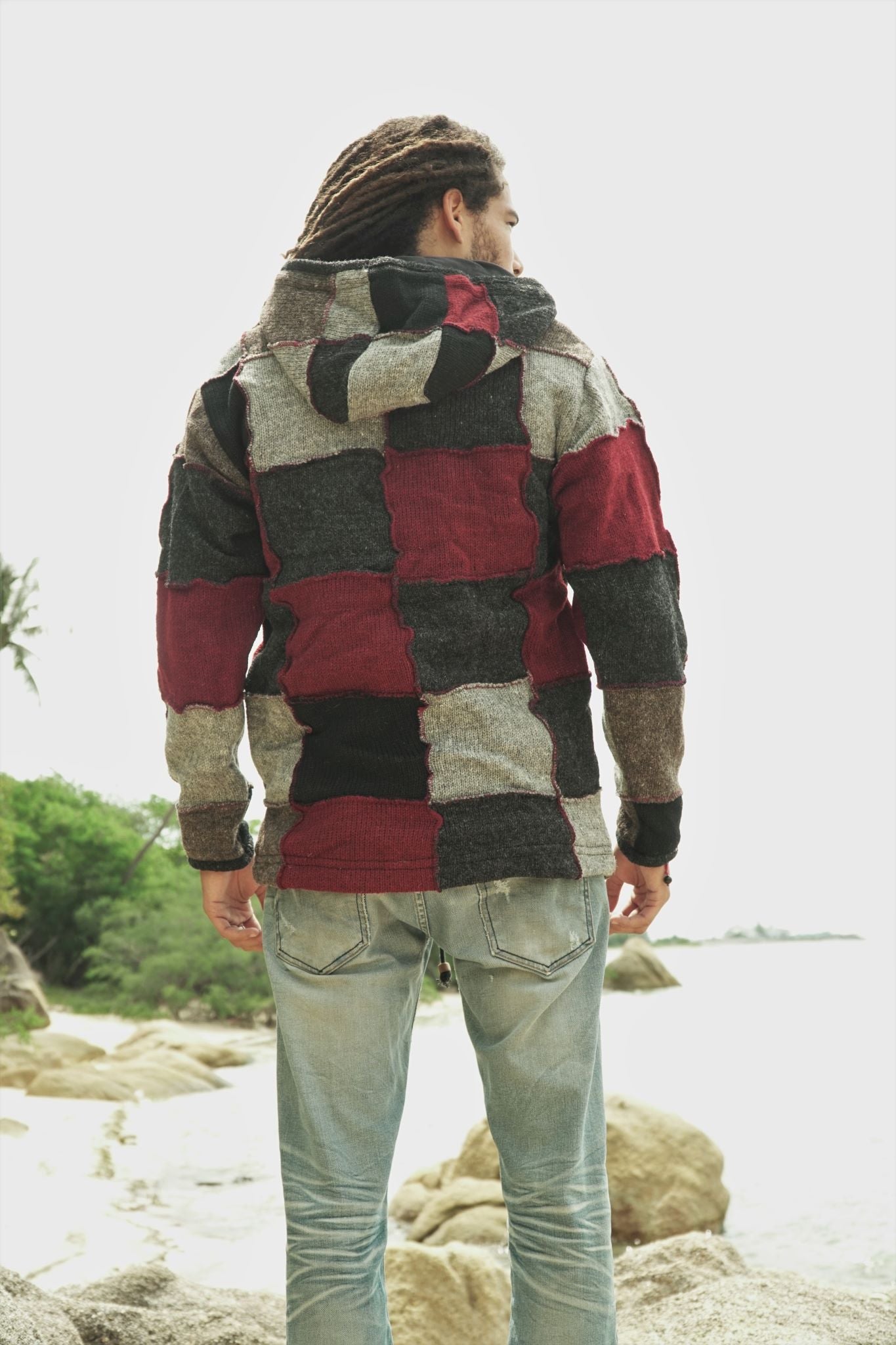 Wool Jacket - Patchwork - Grey/Maroon