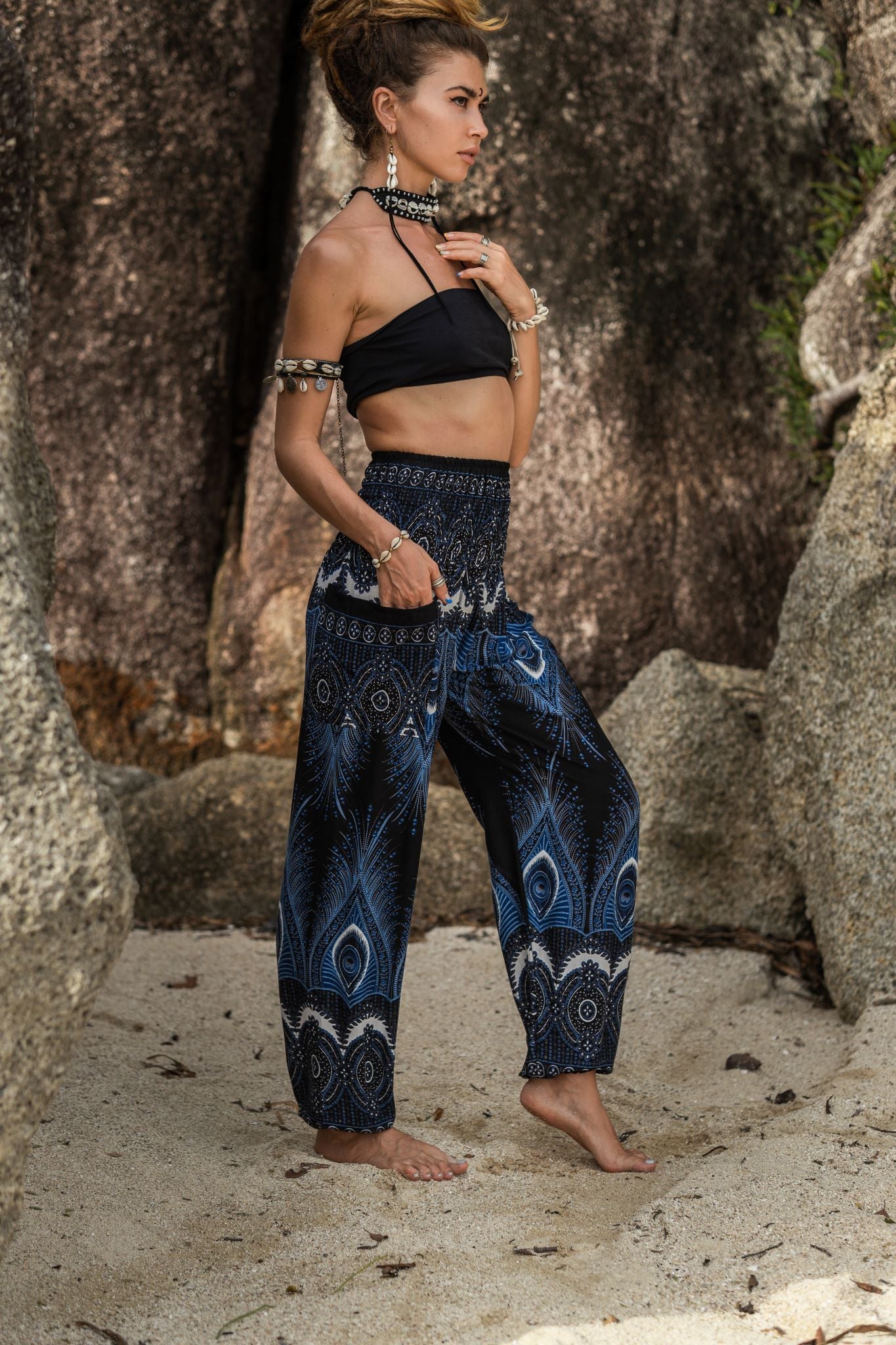 High Crotch Harem Pants - Vibrant Peacock Feather - Black