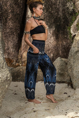 High Crotch Harem Pants - Vibrant Peacock Feather - Black