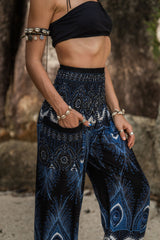 High Crotch Harem Pants - Vibrant Peacock Feather - Black