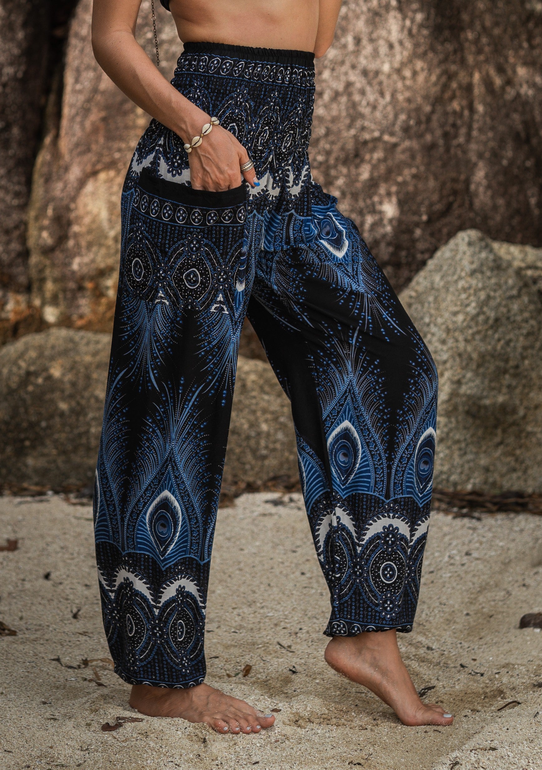 High Crotch Harem Pants - Vibrant Peacock Feather Print - Black