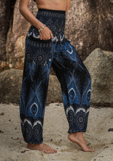 High Crotch Harem Pants - Vibrant Peacock Feather - Black