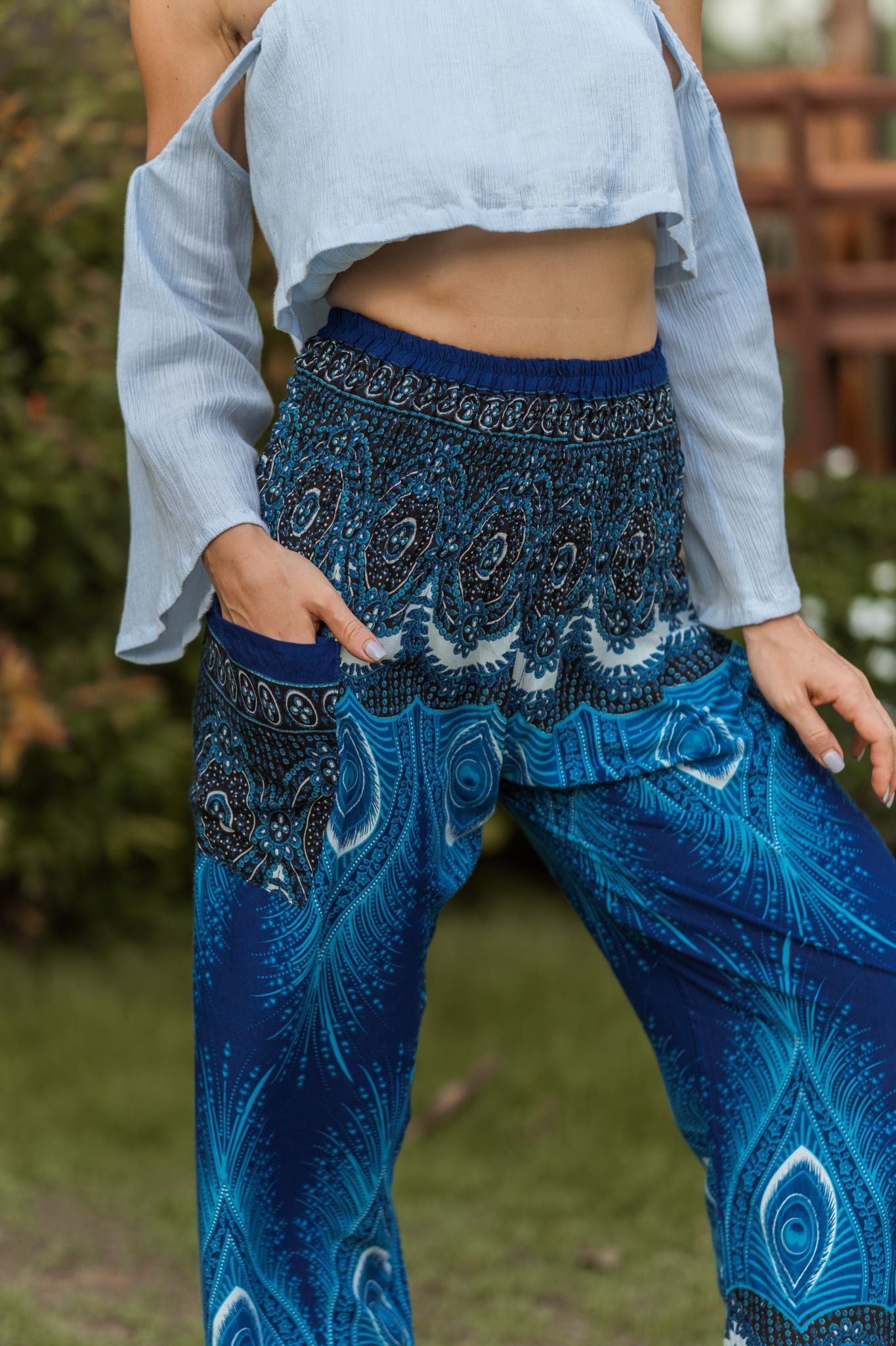 High Crotch Harem Pants - Vibrant Peacock Feather Print - Bright Blue
