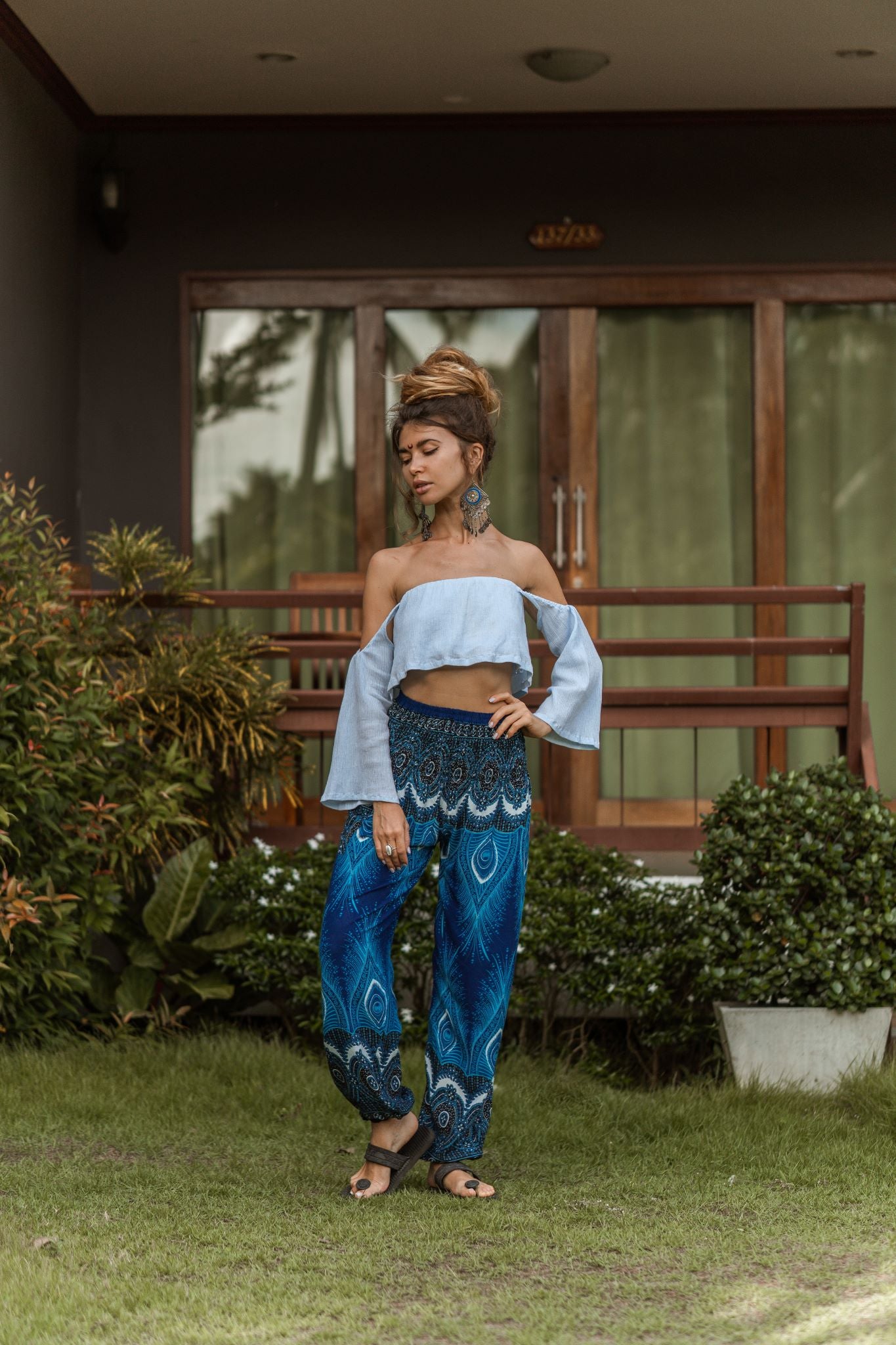 High Crotch Harem Pants - Vibrant Peacock Feather - Bright Blue