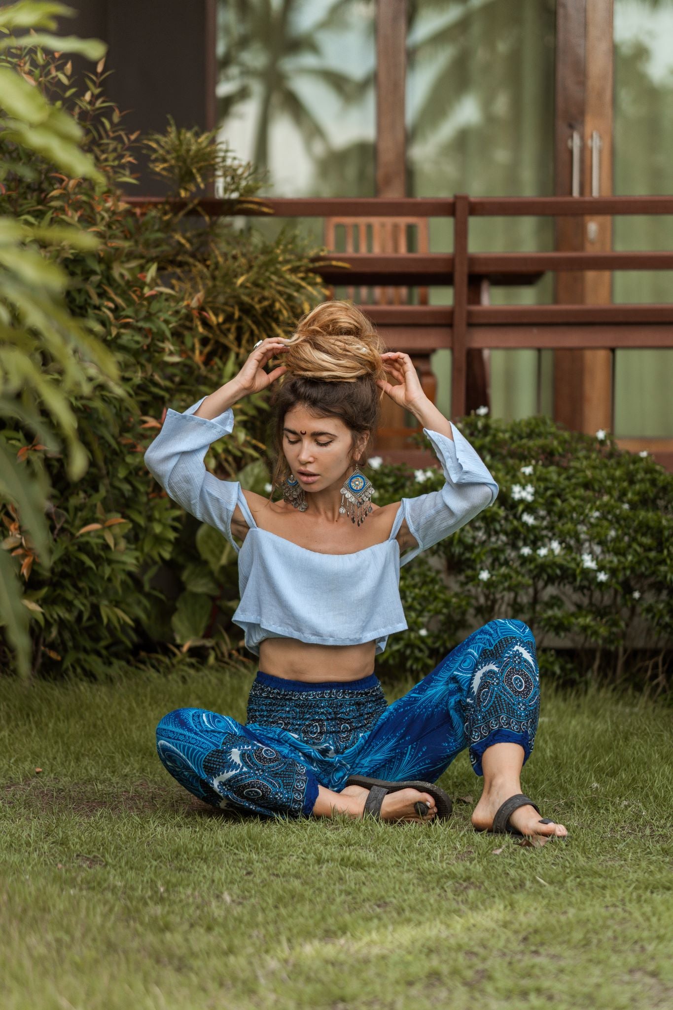 High Crotch Harem Pants - Vibrant Peacock Feather - Bright Blue