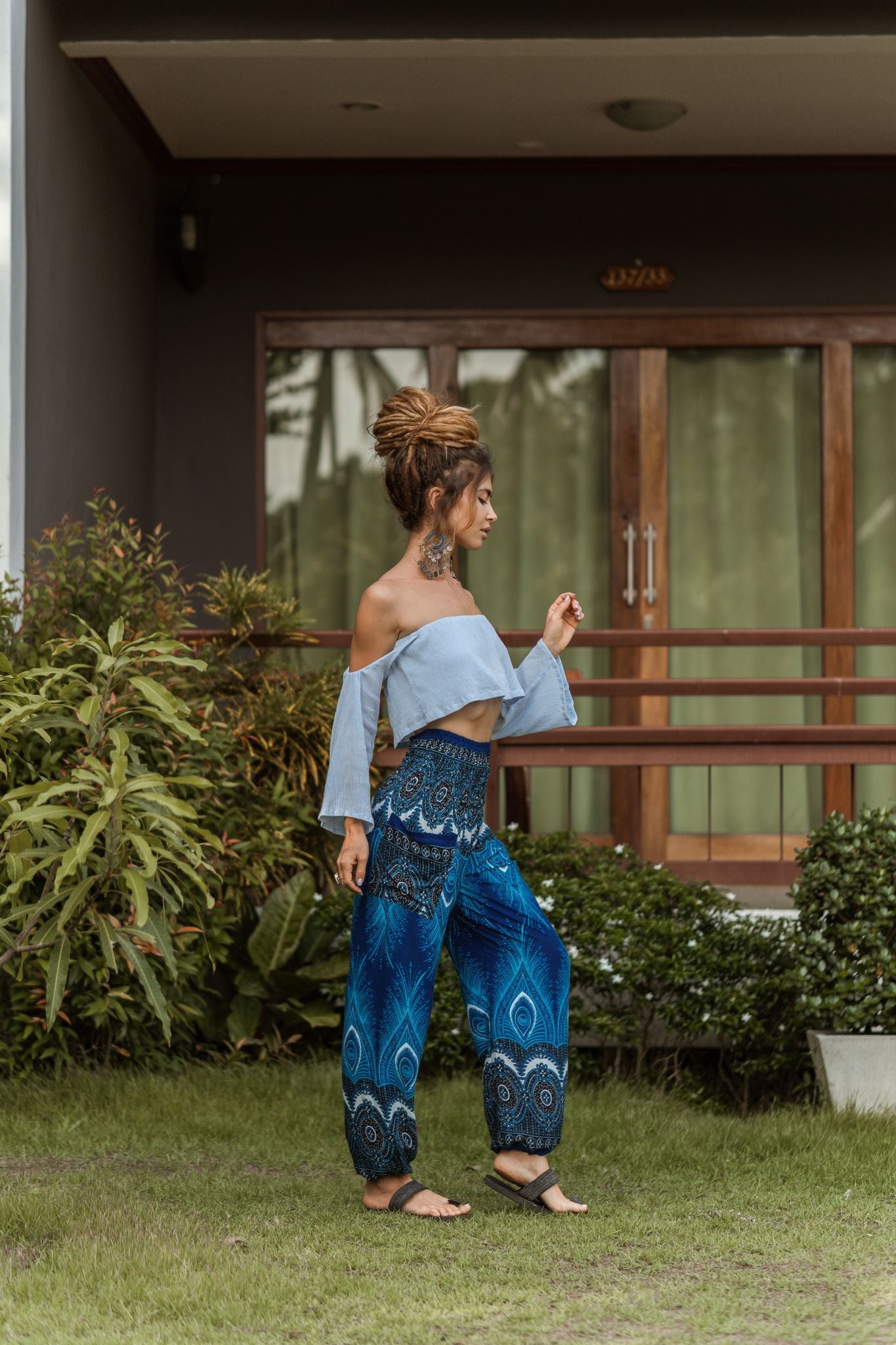 High Crotch Harem Pants - Vibrant Peacock Feather - Bright Blue