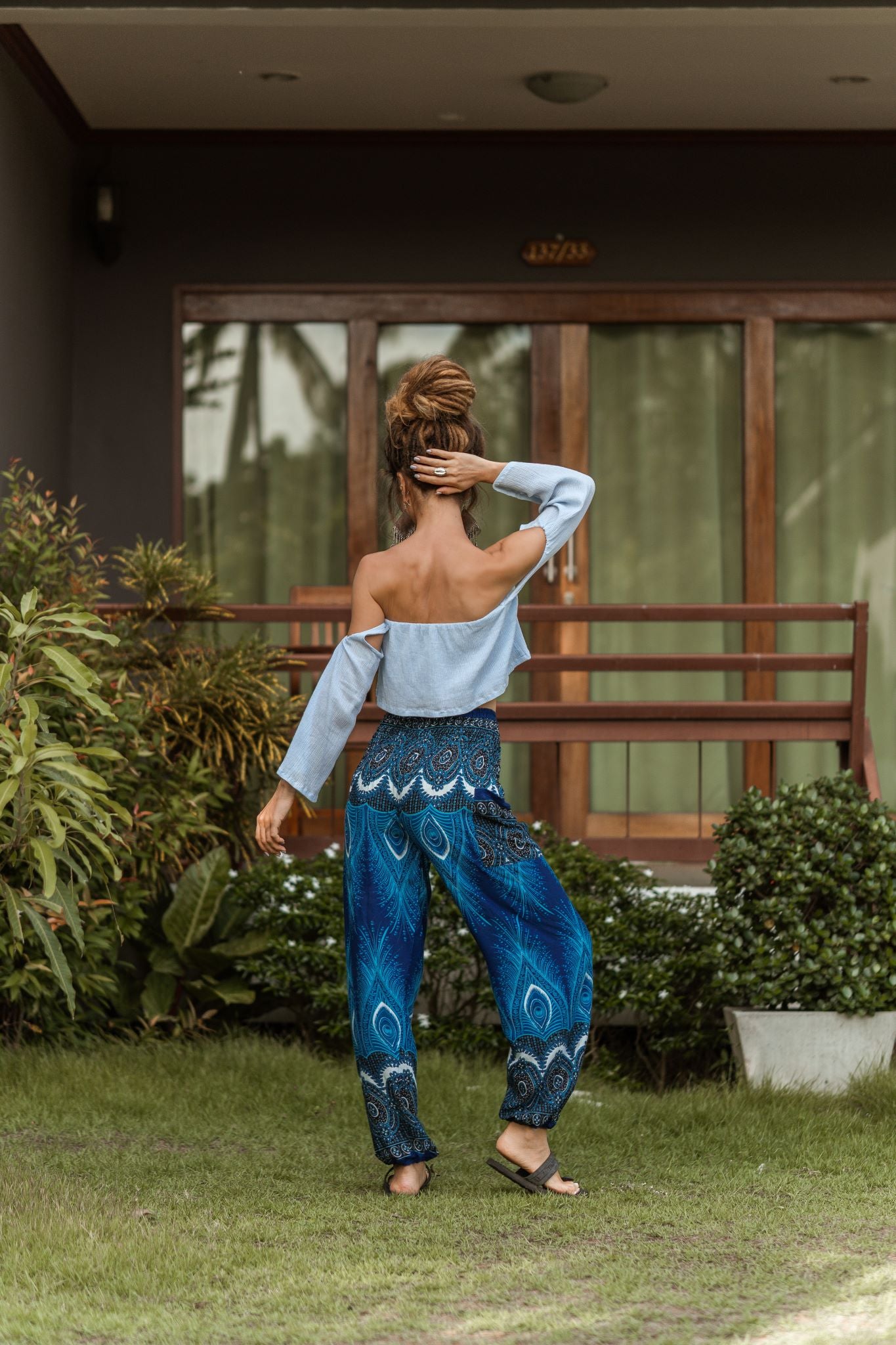 High Crotch Harem Pants - Vibrant Peacock Feather - Bright Blue