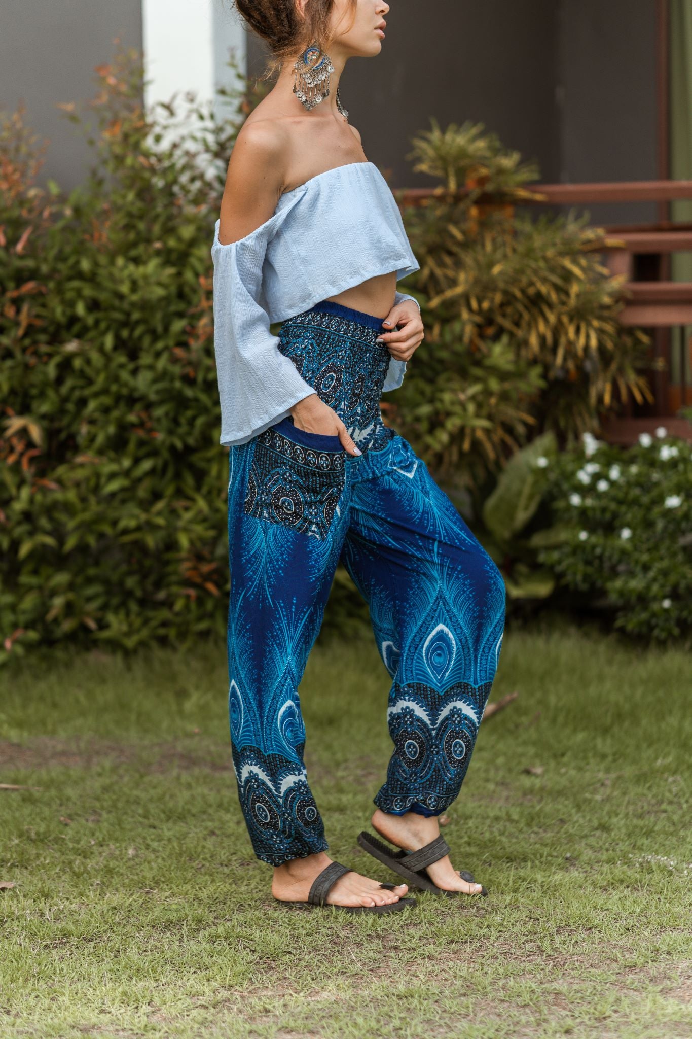 High Crotch Harem Pants - Vibrant Peacock Feather - Bright Blue
