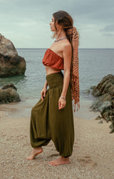 plain green yoga trousers drop crotch