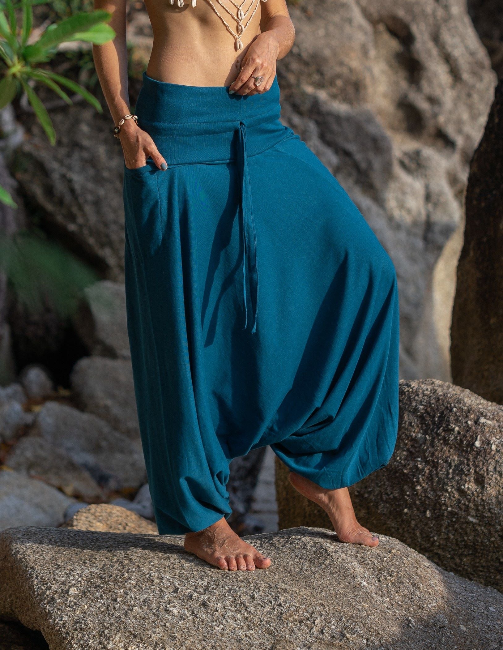 Plain Cotton Harem Pants Teal 100% Sustainable Clothing