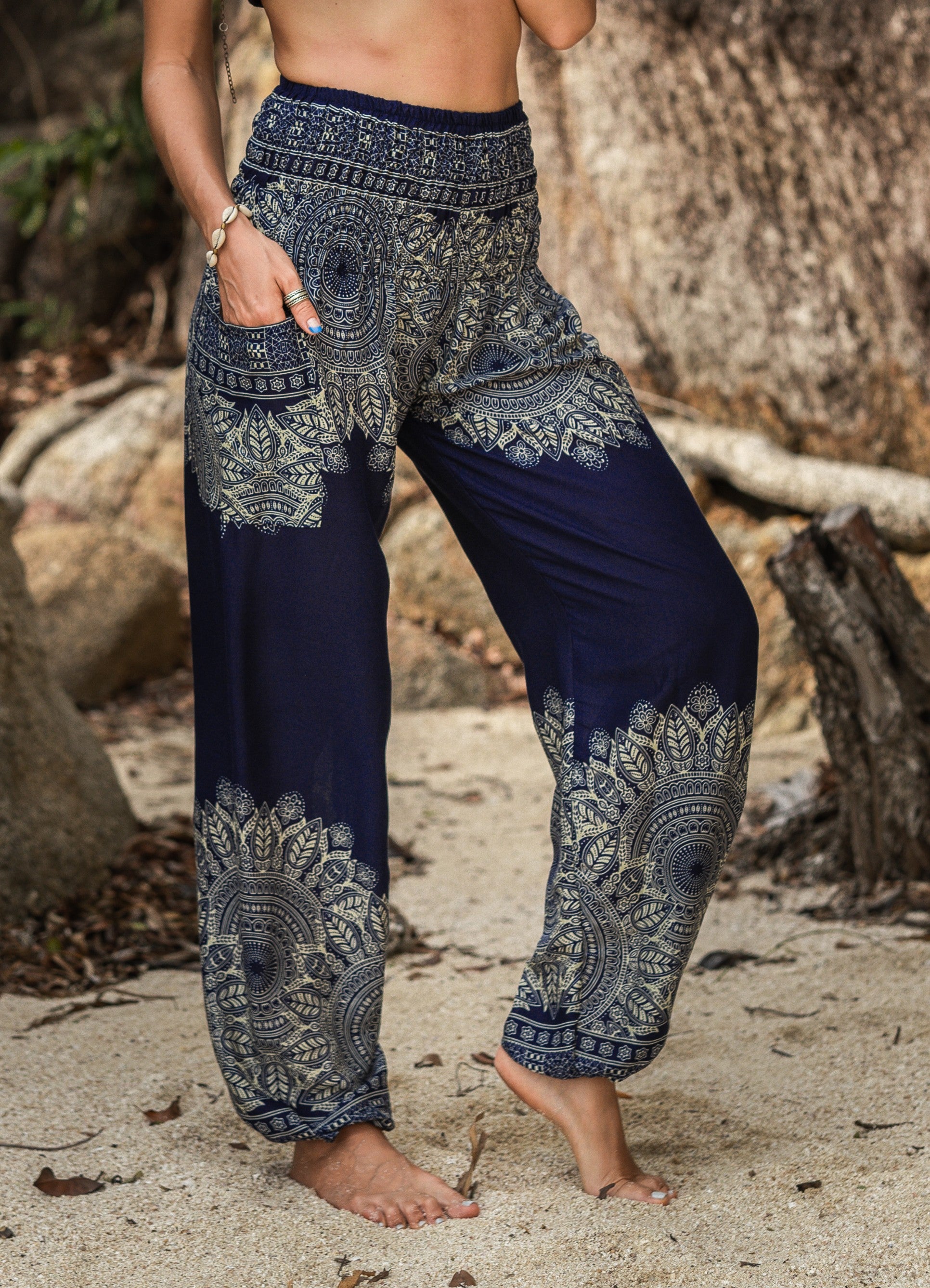 High Crotch Harem Pants Plain Mandala Blue