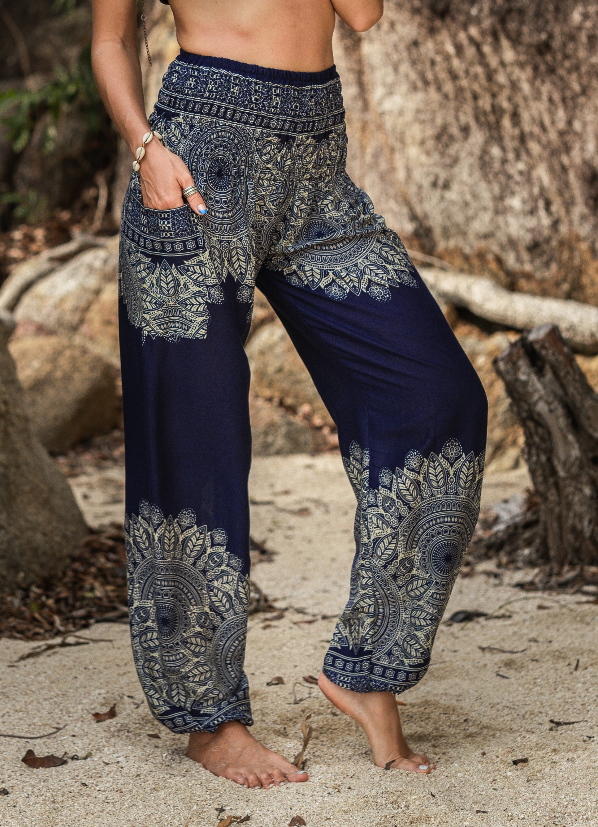 High Crotch Harem Pants - Plain Mandala Print - Blue