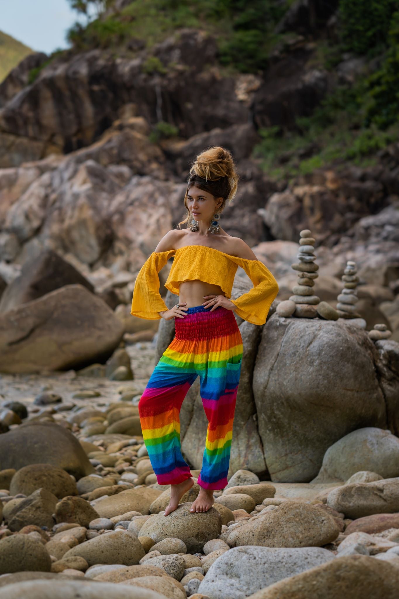 High Crotch Harem Pants - Rainbow - Aqua