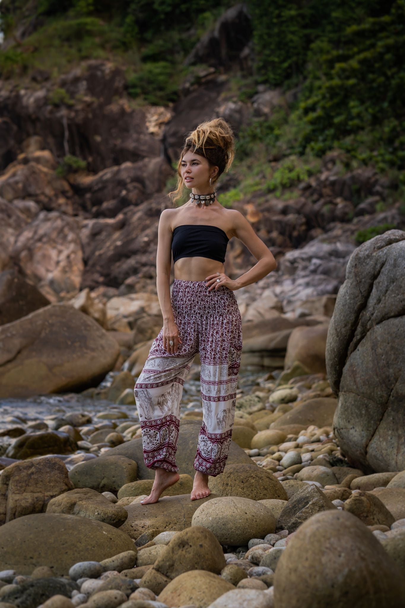 High Crotch Harem Pants - Thai Elephant Print - Burgundy