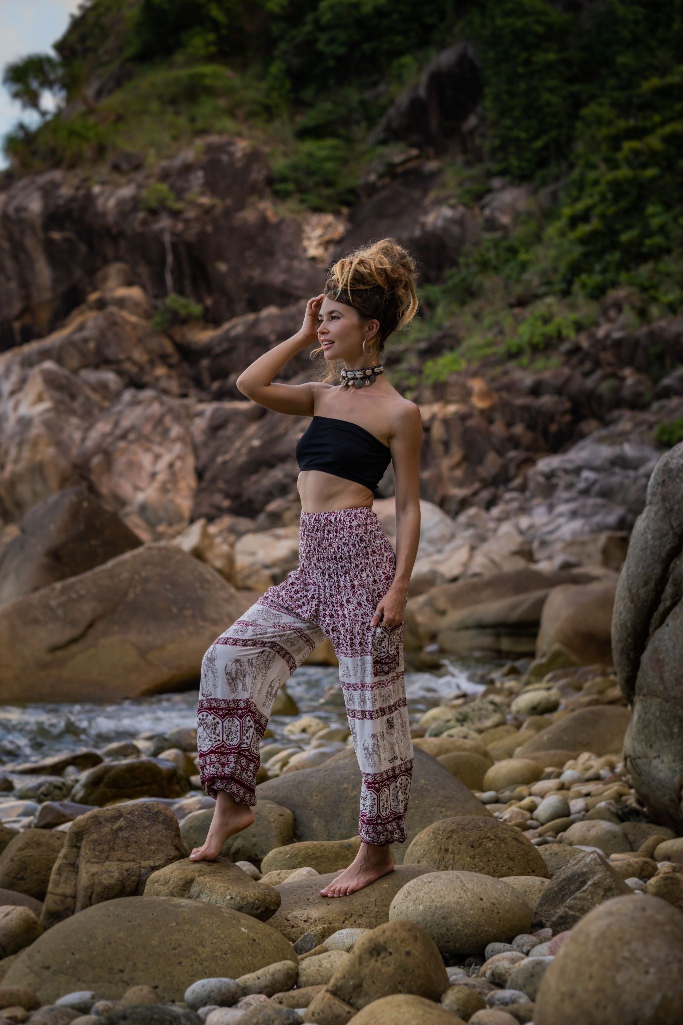 High Crotch Harem Pants - Thai Elephant Print - Burgundy