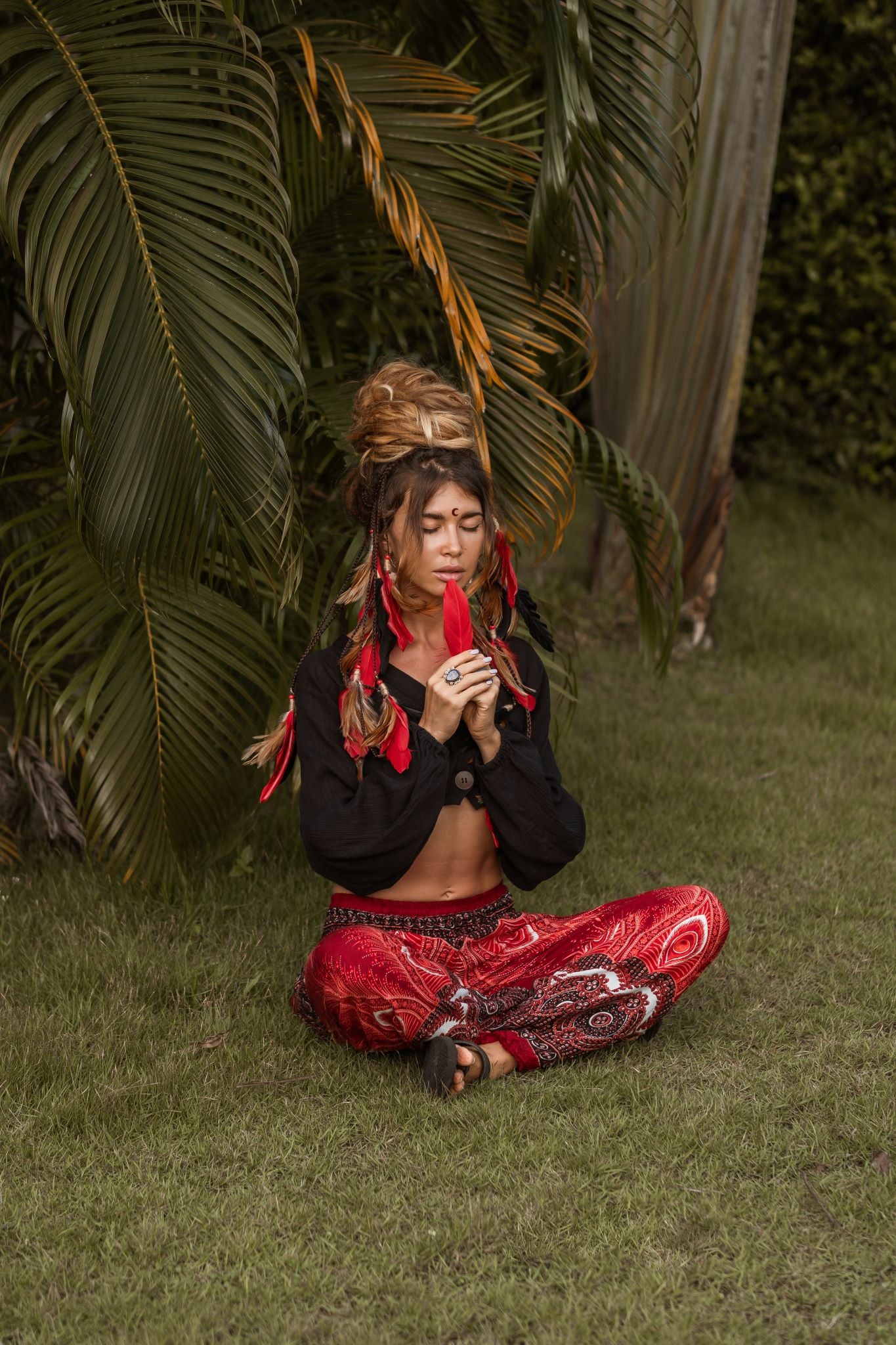 High Crotch Harem Pants - Vibrant Peacock Feather - Red