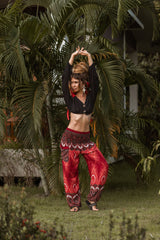 High Crotch Harem Pants - Vibrant Peacock Feather - Red