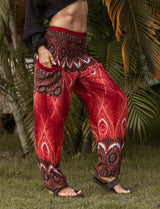 High Crotch Harem Pants - Vibrant Peacock Feather - Red