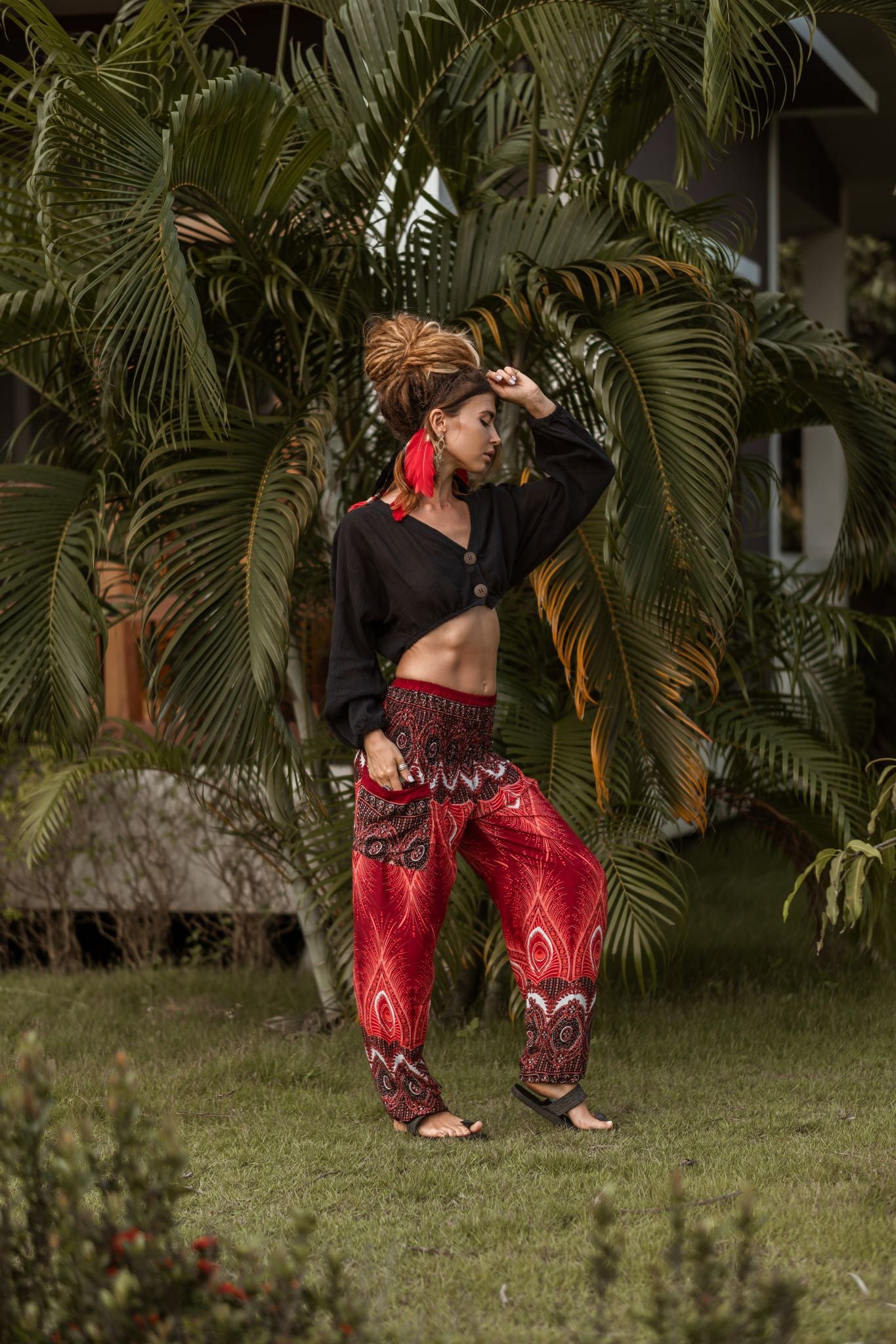 High Crotch Harem Pants - Vibrant Peacock Feather Print - Red