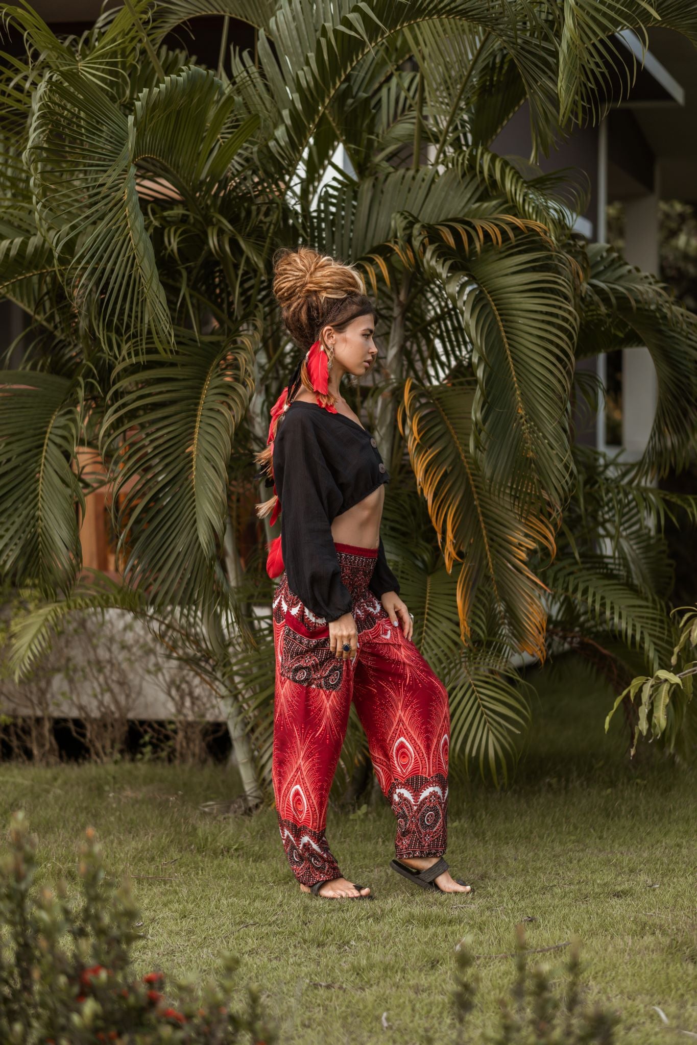 High Crotch Harem Pants - Vibrant Peacock Feather - Red