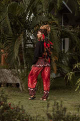 High Crotch Harem Pants - Vibrant Peacock Feather - Red