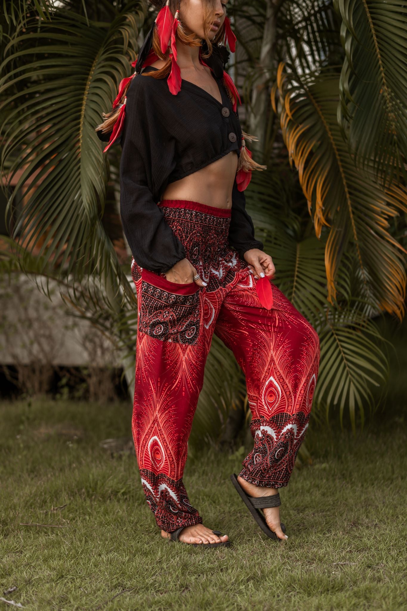 High Crotch Harem Pants - Vibrant Peacock Feather Print - Red