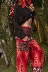 High Crotch Harem Pants - Vibrant Peacock Feather - Red