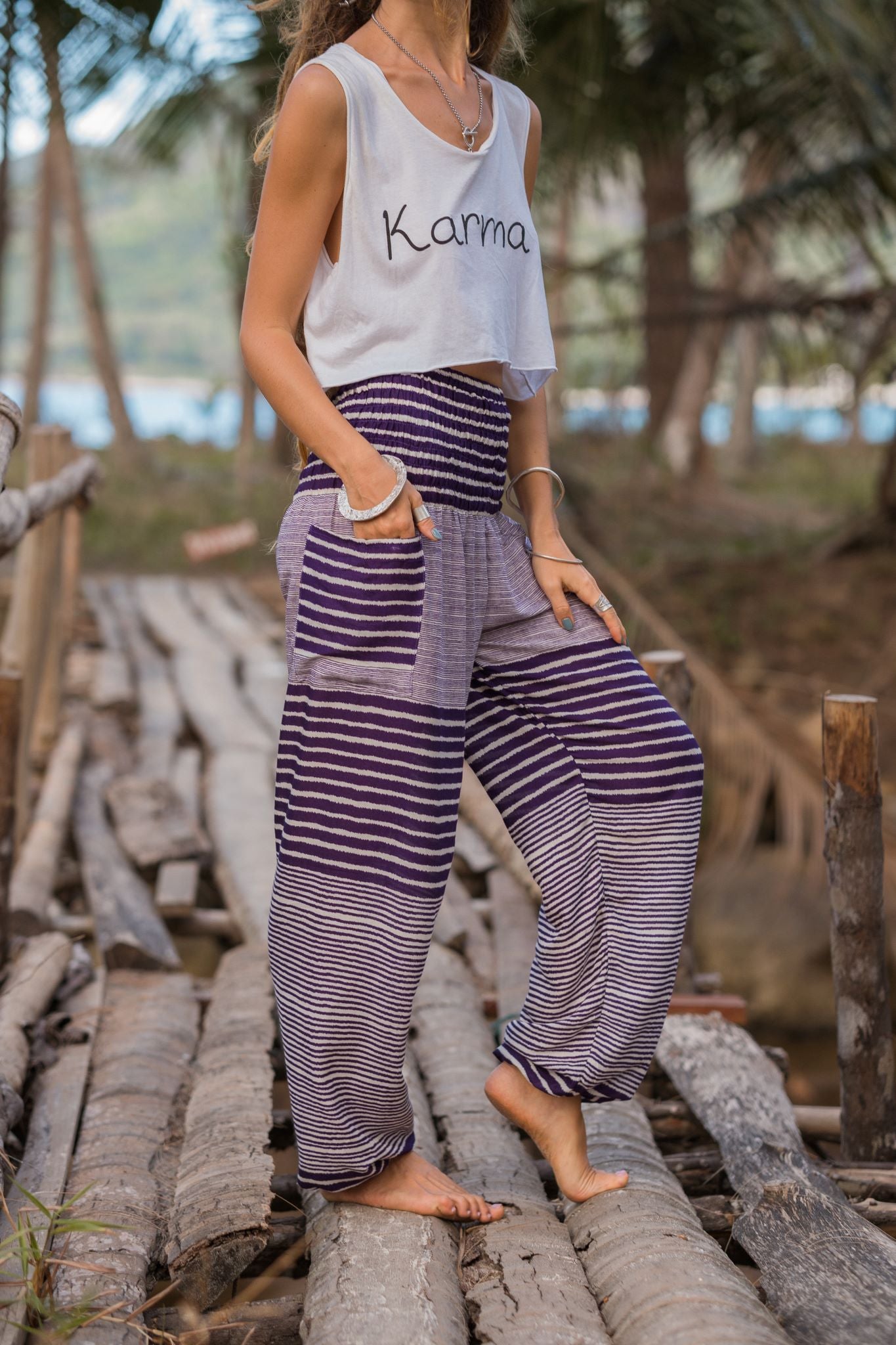 High Crotch Harem Pants - Striped - Purple & White