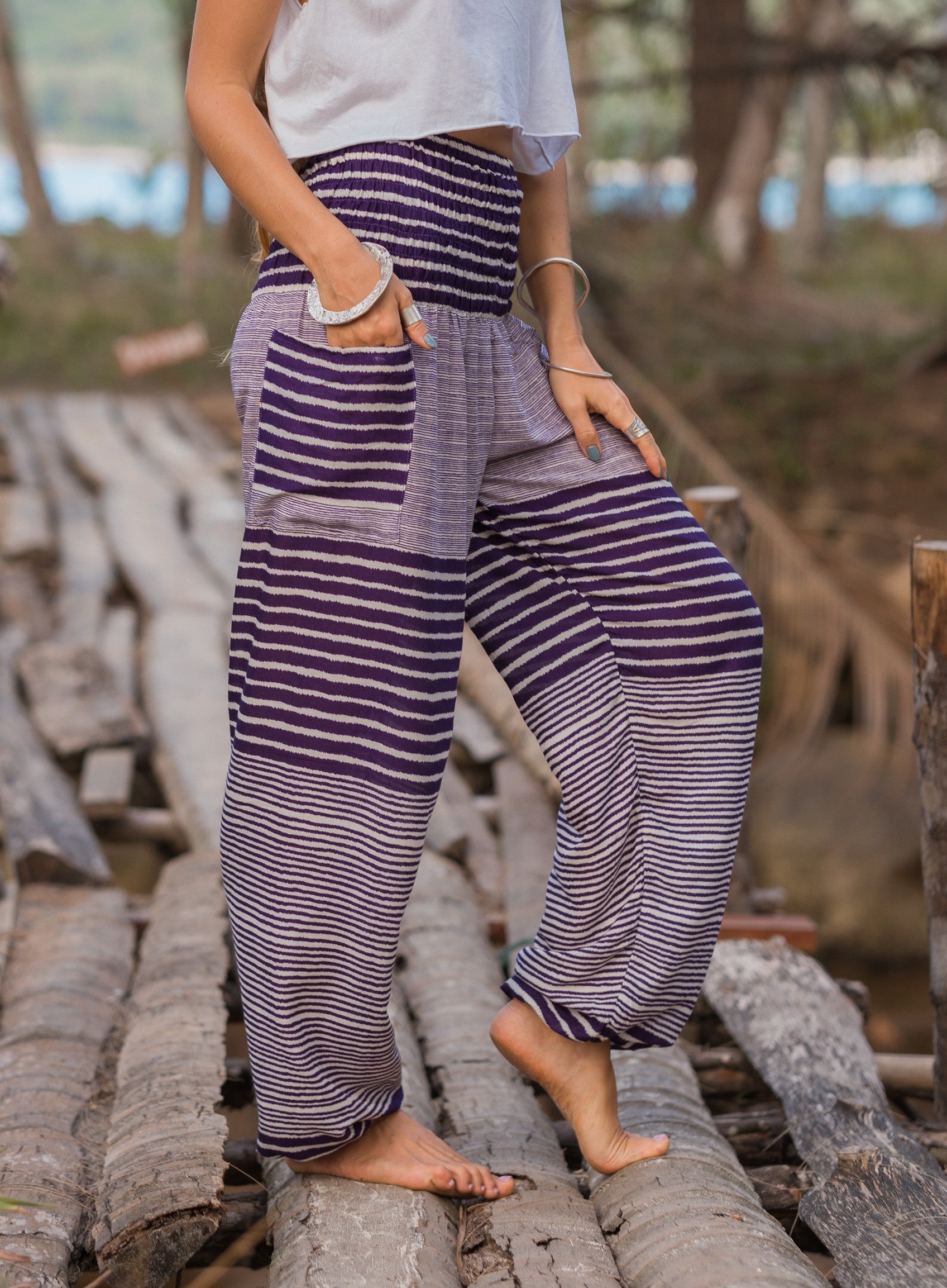 High Crotch Harem Pants - Striped - Purple & White