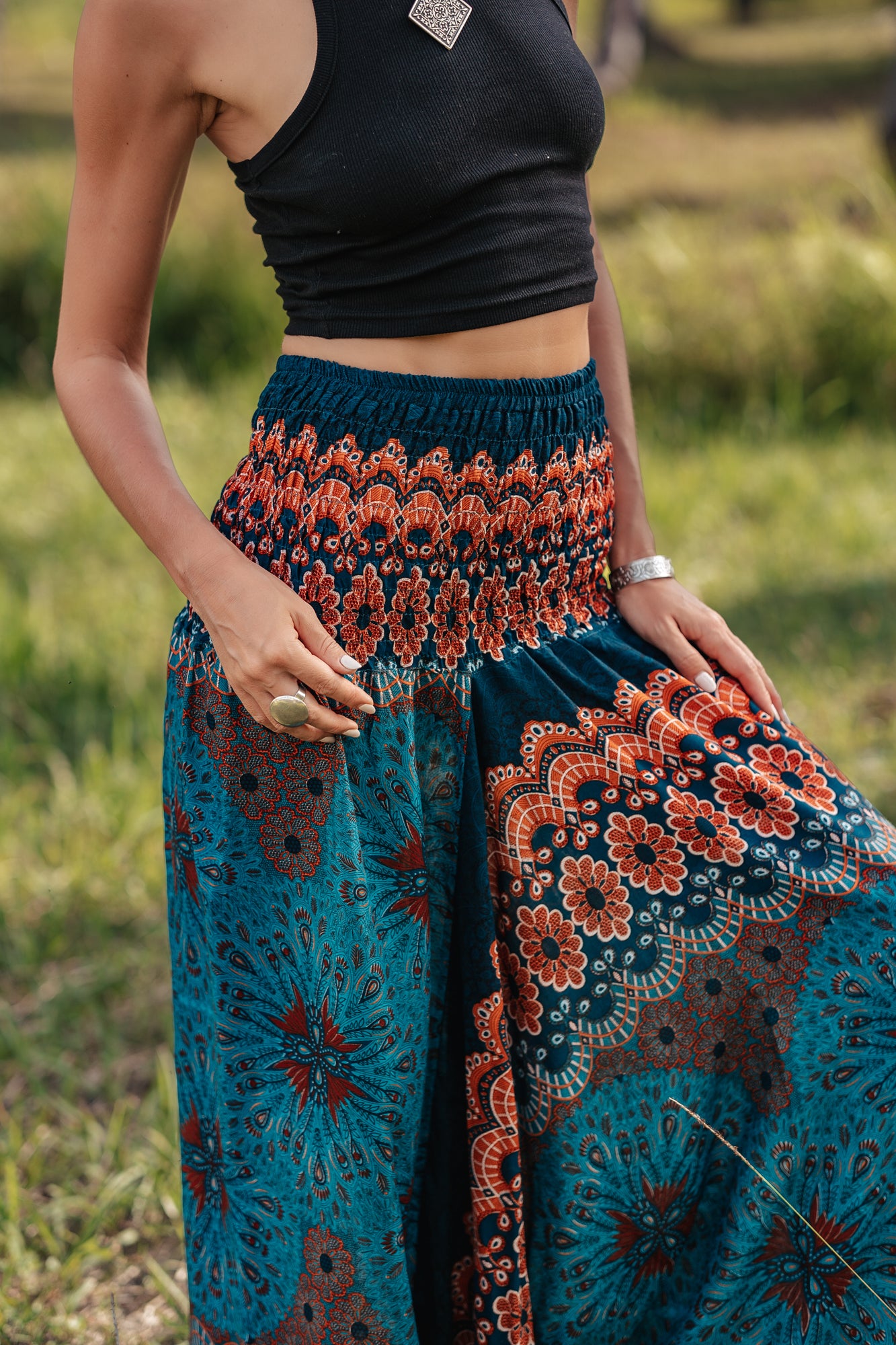 Harem Pants - Mandala Peacock Print - Teal
