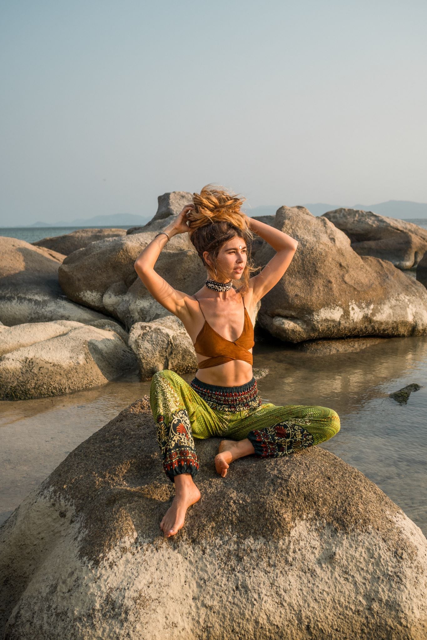 High Crotch Harem Pants - Large Paisley Print - Green