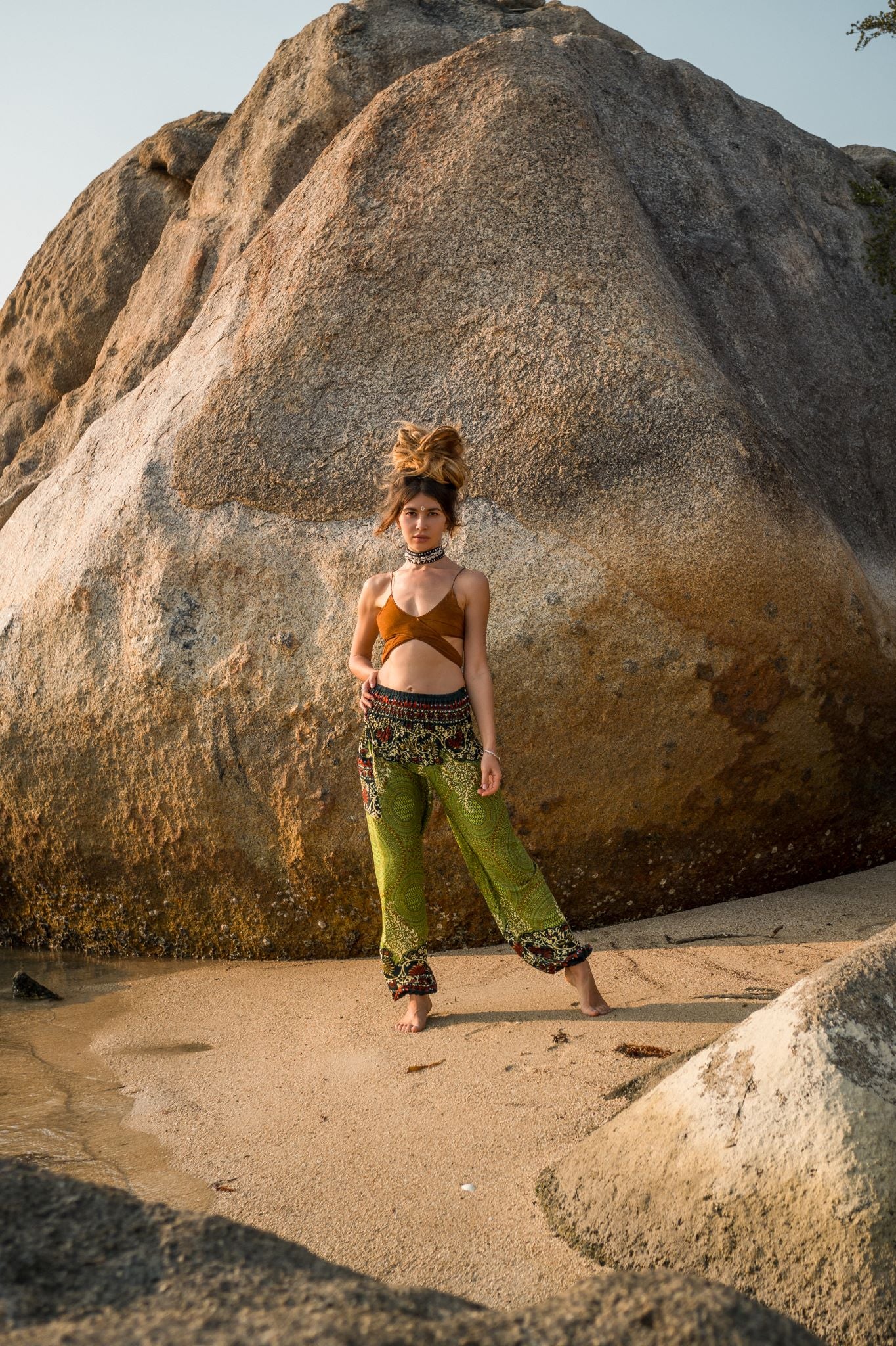 High Crotch Harem Pants - Large Paisley Print - Green