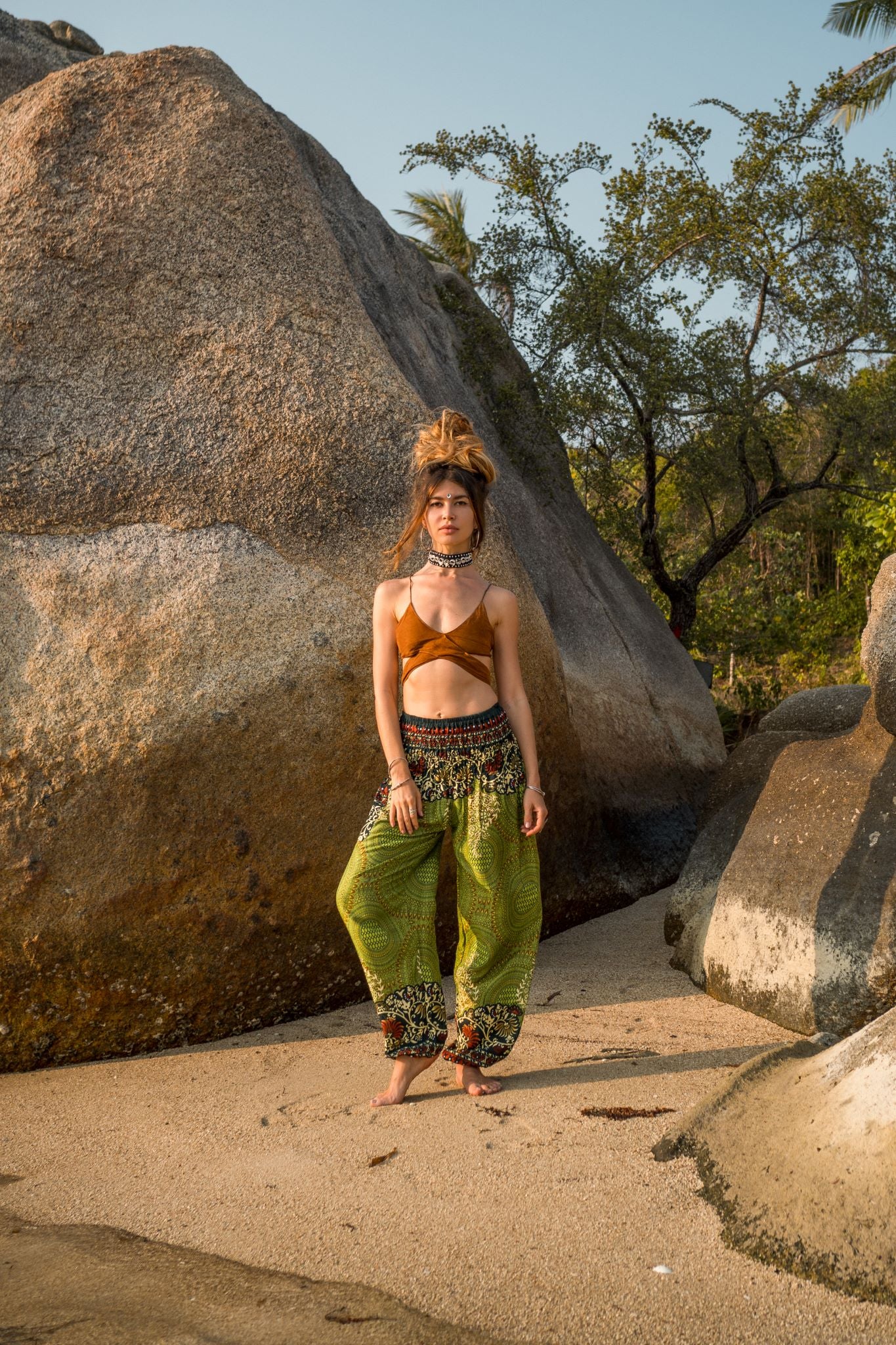 High Crotch Harem Pants - Large Paisley Print - Green