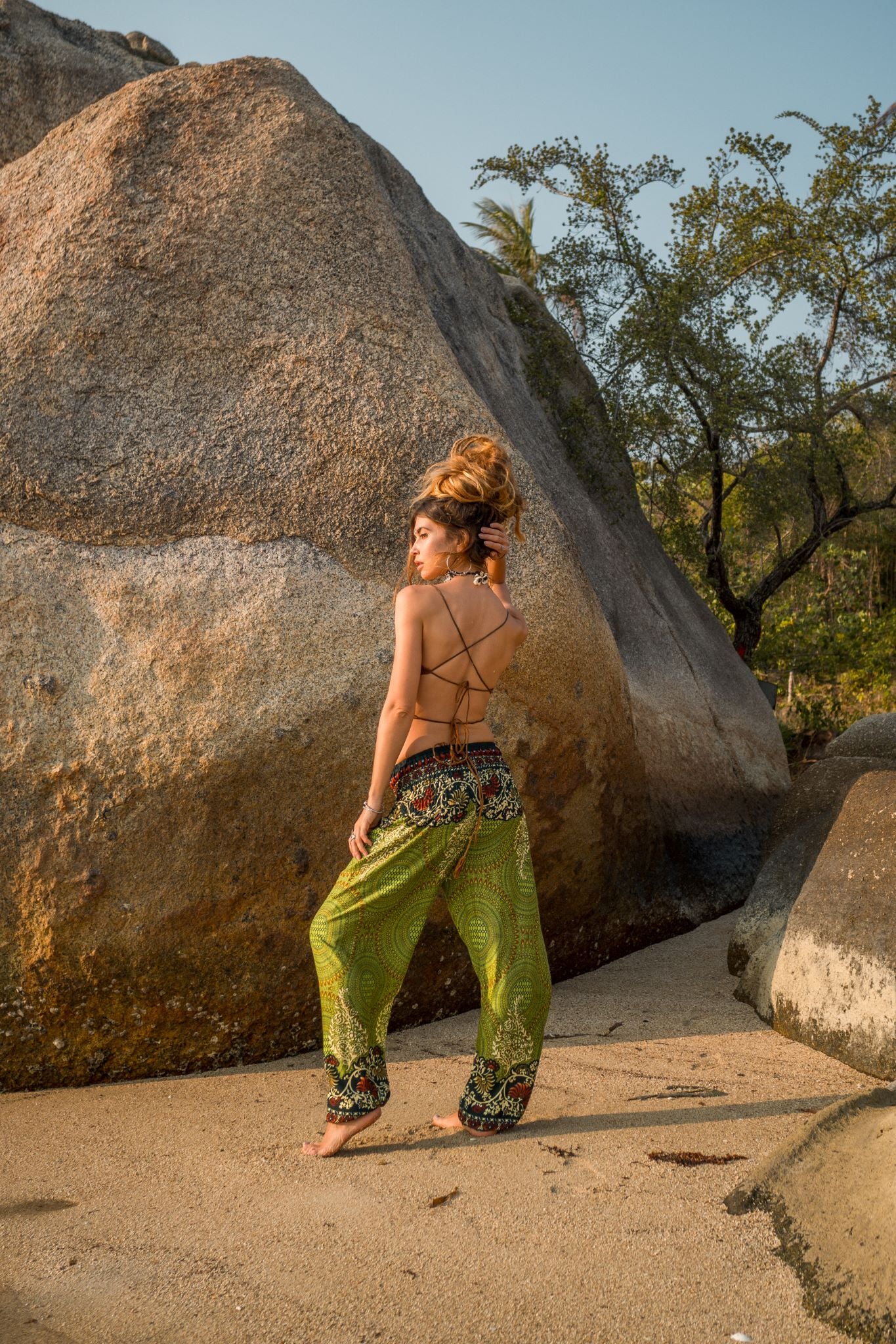 High Crotch Harem Pants - Large Paisley Print - Green