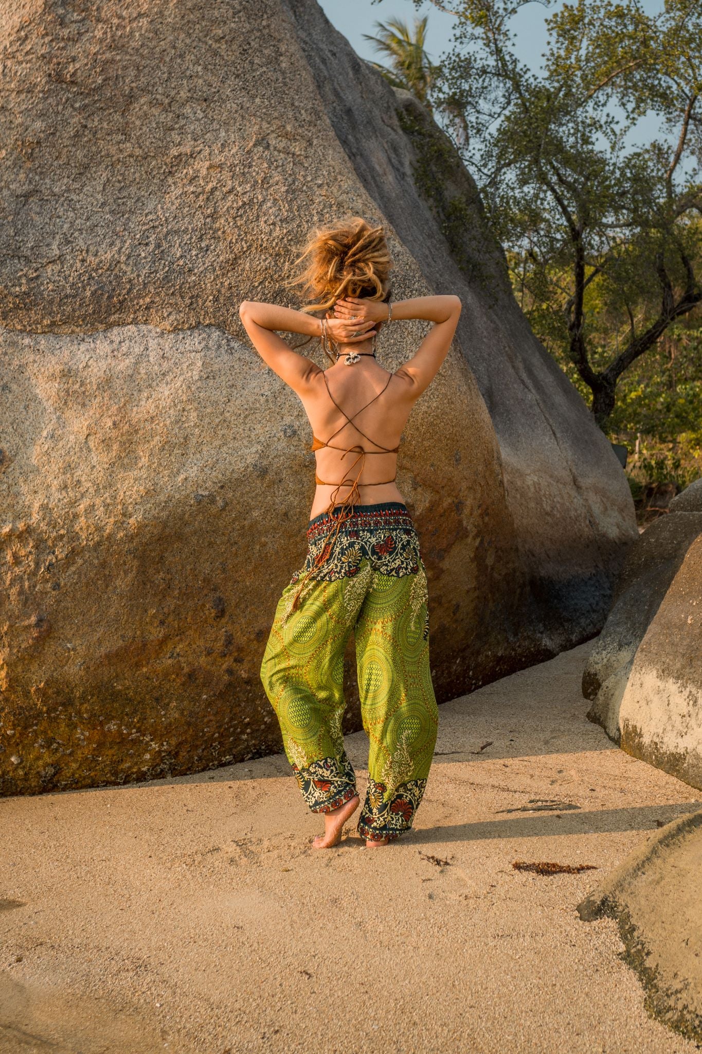 High Crotch Harem Pants - Large Paisley Print - Green