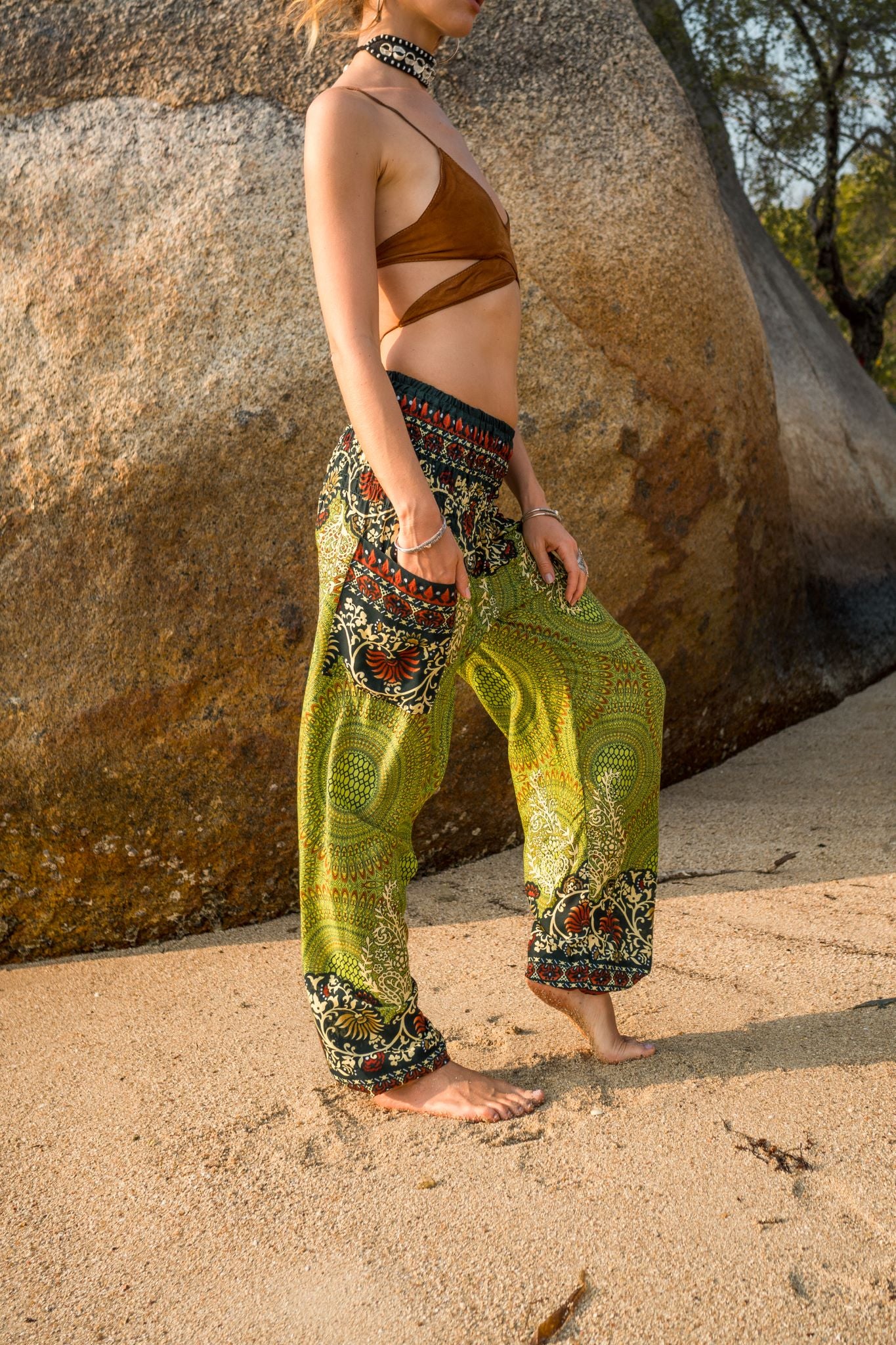 High Crotch Harem Pants - Large Paisley Print - Green