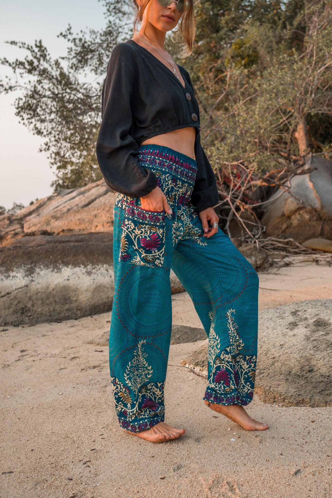 High Crotch Harem Pants - Large Paisley Print - Turquoise