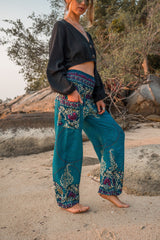 High Crotch Harem Pants - Large Paisley Print - Turquoise